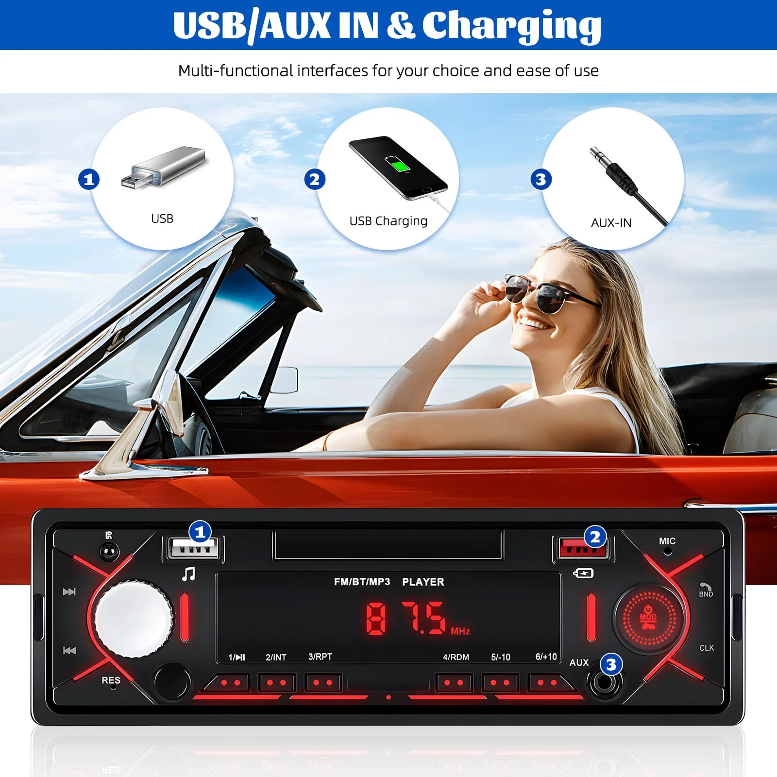 Single Din Bluetooth Multimedia Car Stereo Radio,Car Audio MP3 Player Support Hands-Free Calls/USB/FM/TF/AUX-in,Car Radio Receivers with Digital LCD Display - Image 3