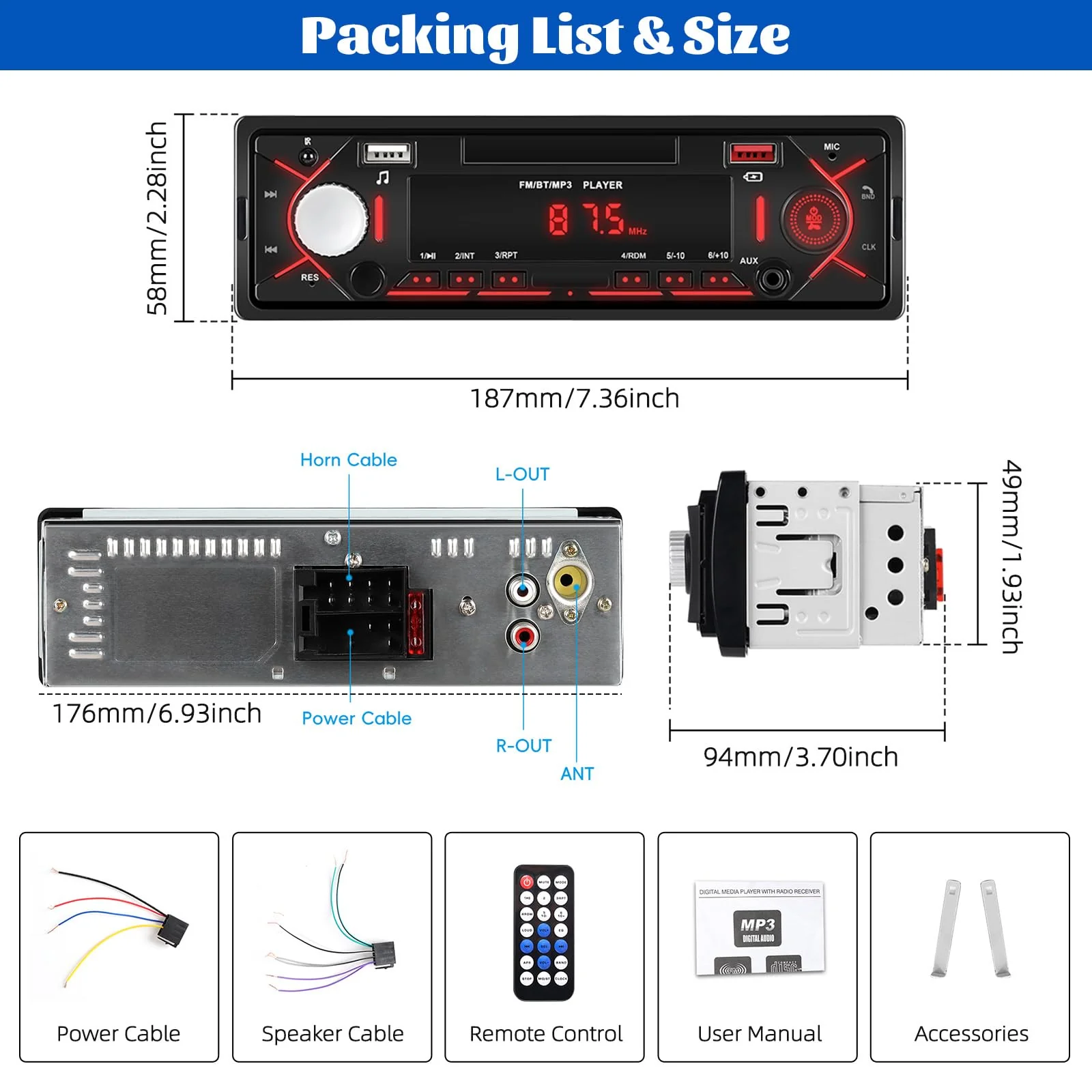 Single Din Bluetooth Multimedia Car Stereo Radio,Car Audio MP3 Player Support Hands-Free Calls/USB/FM/TF/AUX-in,Car Radio Receivers with Digital LCD Display - Image 6