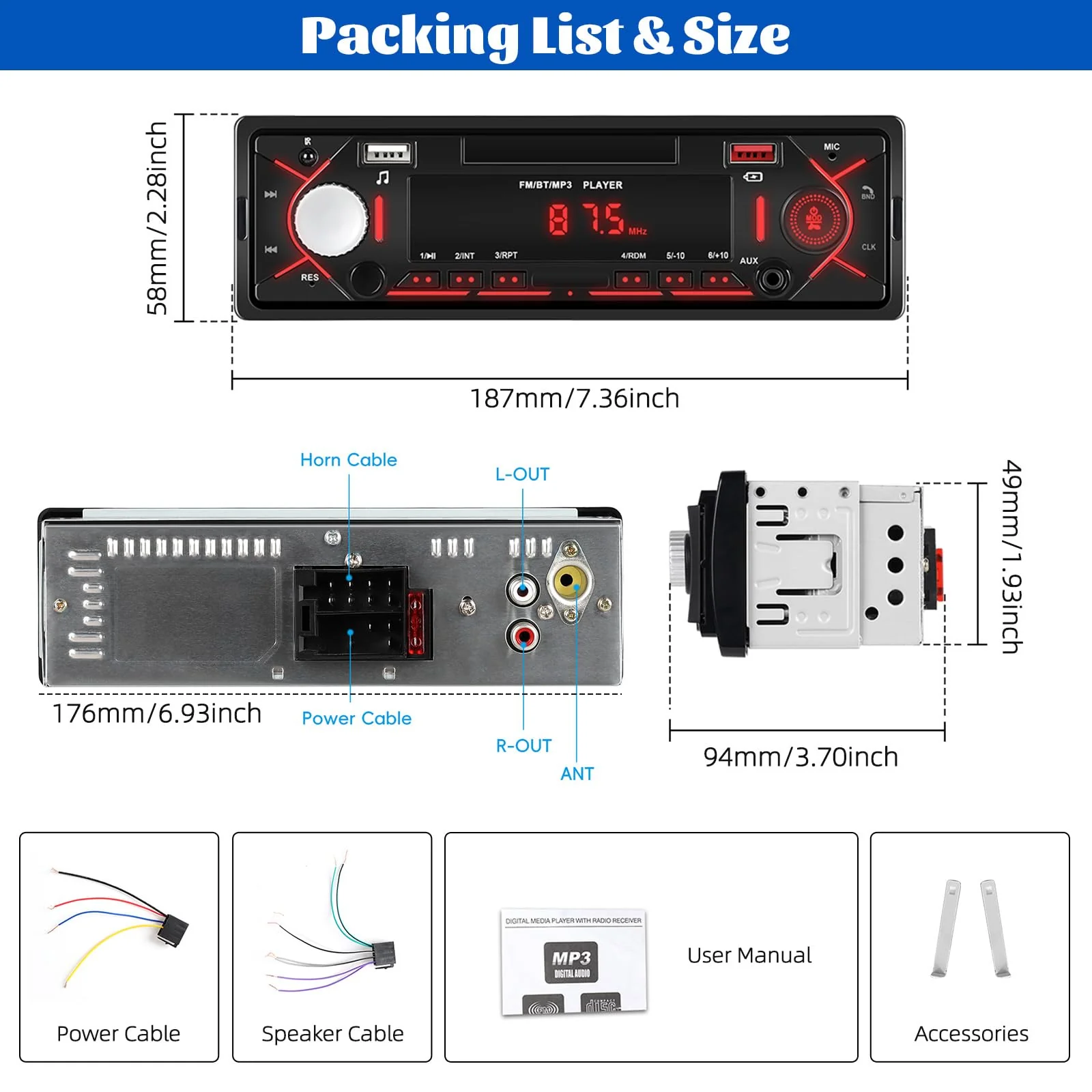 Single Din Bluetooth Multimedia Car Stereo Radio,Car Audio MP3 Player Support Hands-Free Calls/USB/FM/TF/AUX-in,Car Radio Receivers with Digital LCD Display - Image 7