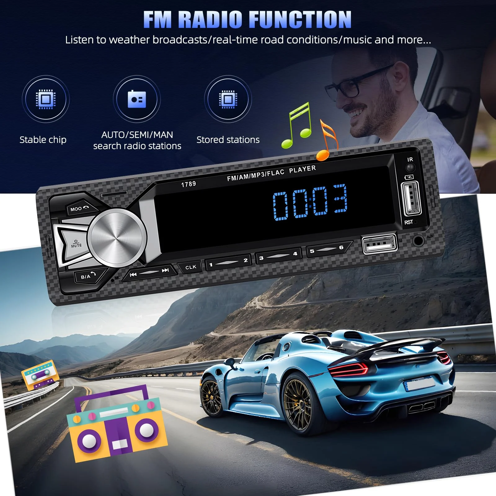 Single Din Car Stereo Bluetooth Hands Free Calling Car Audio Receivers with Digital LCD Display FM Car Radio MP3 Player Quick Charge USB/SD/AUX-in Built-in Microphone MP3+Quick Charge - Image 3