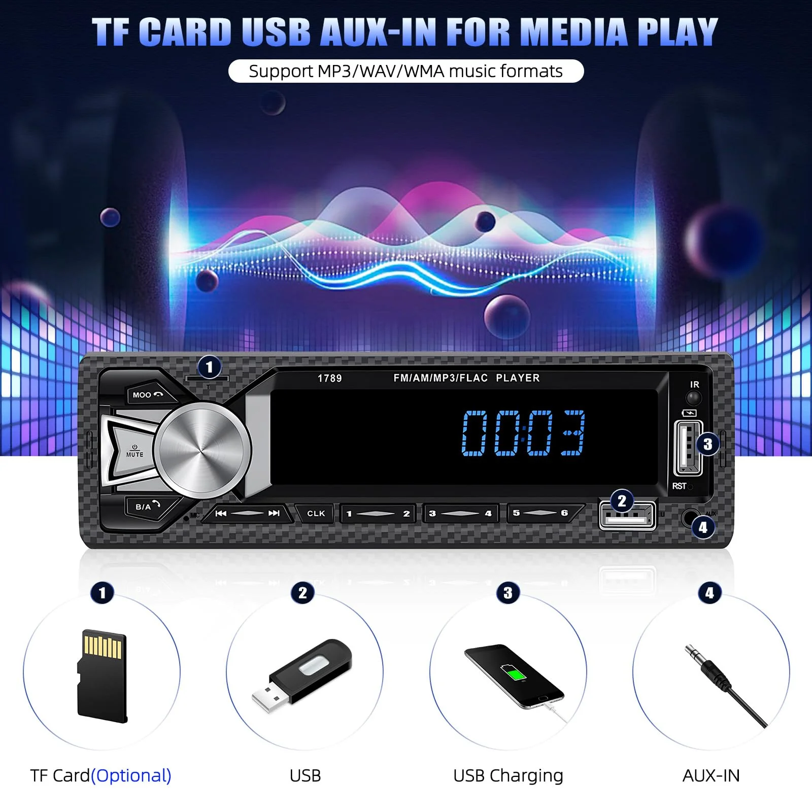 Single Din Car Stereo Bluetooth Hands Free Calling Car Audio Receivers with Digital LCD Display FM Car Radio MP3 Player Quick Charge USB/SD/AUX-in Built-in Microphone MP3+Quick Charge - Image 4
