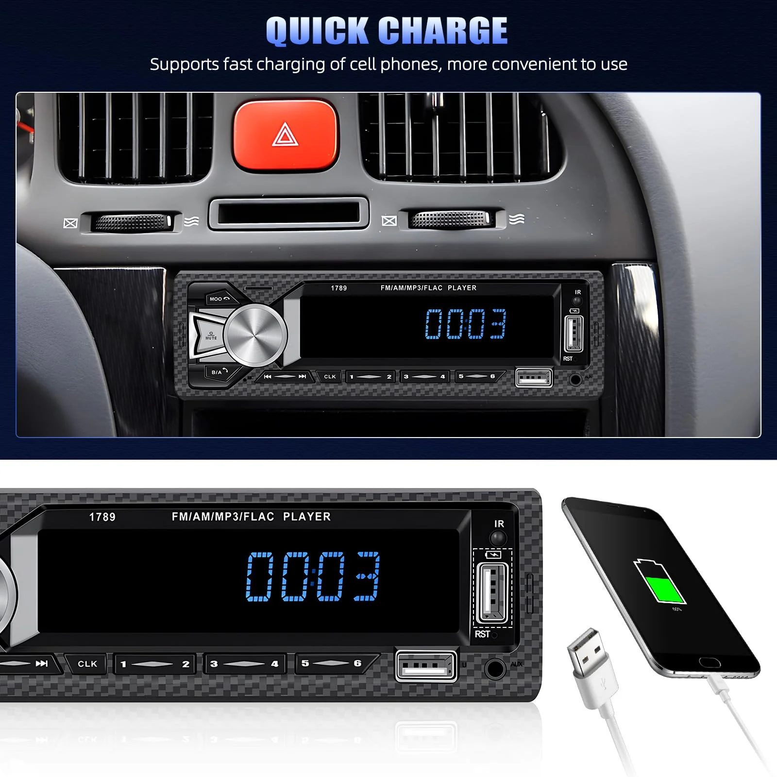 Single Din Car Stereo Bluetooth Hands Free Calling Car Audio Receivers with Digital LCD Display FM Car Radio MP3 Player Quick Charge USB/SD/AUX-in Built-in Microphone MP3+Quick Charge - Image 5