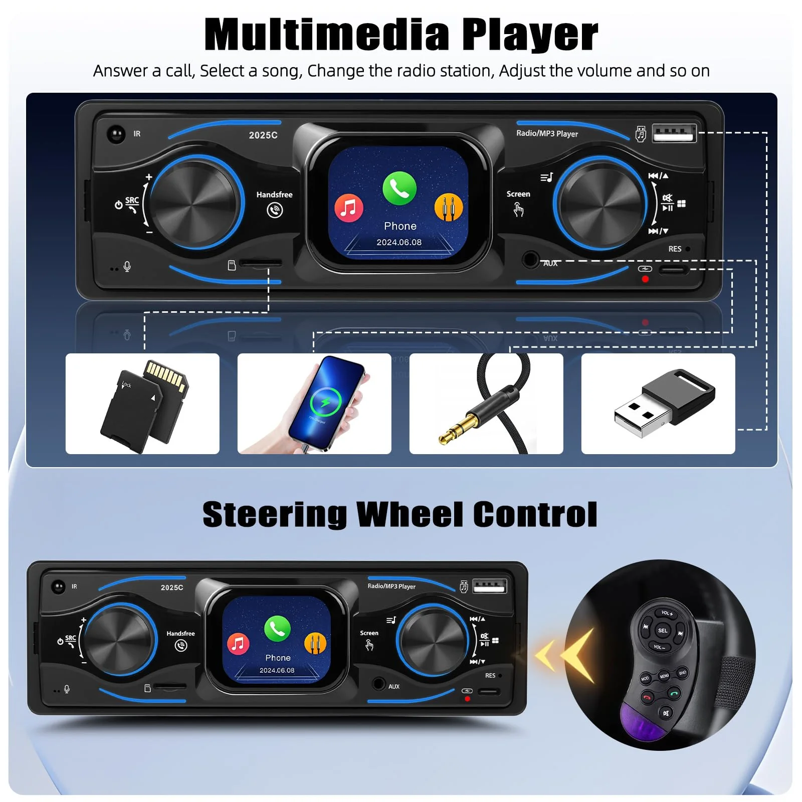 Single Din Car Stereo Marine Radio Bluetooth Multimedia Car Audio Receivers with Digital LCD Display FM Car Radio USB/Type-C/SD/AUX-in MP3 Player Lossless Sound Quality Quick Charge+ SWC - Image 2