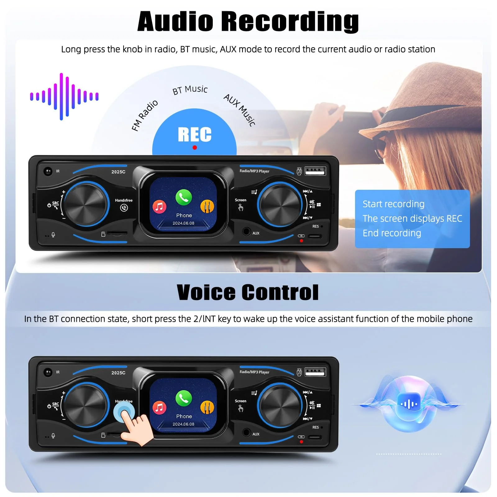 Single Din Car Stereo Marine Radio Bluetooth Multimedia Car Audio Receivers with Digital LCD Display FM Car Radio USB/Type-C/SD/AUX-in MP3 Player Lossless Sound Quality Quick Charge+ SWC - Image 5