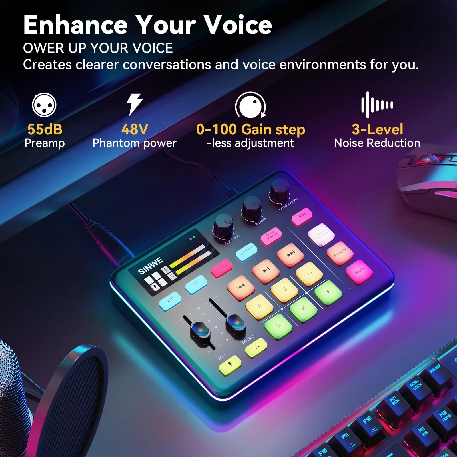 SINWE G1 Gaming Audio Mixer, RGB Audio Interface with Pro-preamp,Bluetooth, Streaming PC Mixer with XLR/48V Phantom Power for Live Streaming, Podcasting, Content Create, Gaming(Black) Black - Image 2
