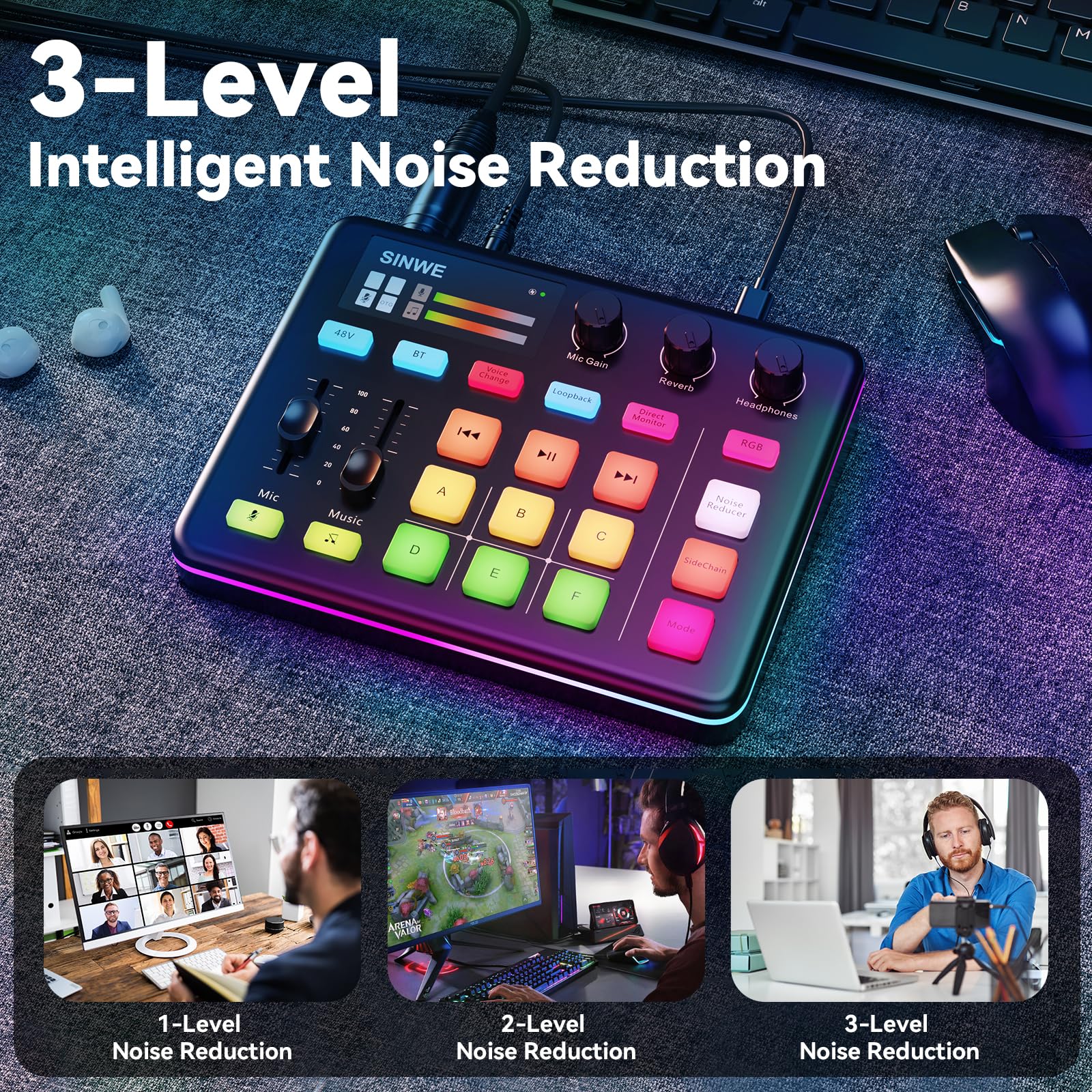 SINWE G1 Gaming Audio Mixer, RGB Audio Interface with Pro-preamp,Bluetooth, Streaming PC Mixer with XLR/48V Phantom Power for Live Streaming, Podcasting, Content Create, Gaming(Black) Black - Image 3