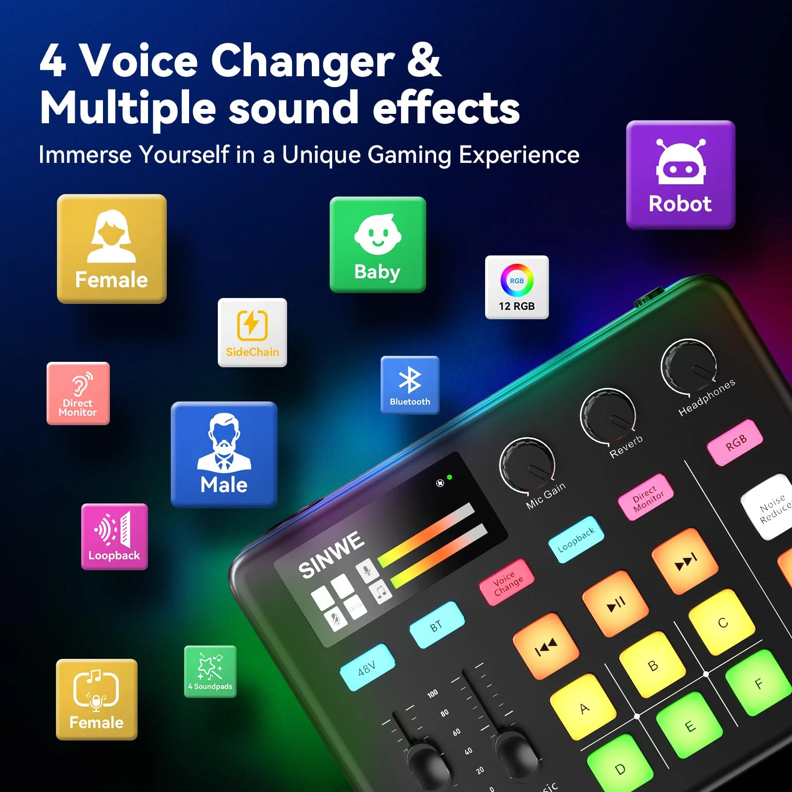 SINWE G1 Gaming Audio Mixer, RGB Audio Interface with Pro-preamp,Bluetooth, Streaming PC Mixer with XLR/48V Phantom Power for Live Streaming, Podcasting, Content Create, Gaming(Black) Black - Image 4