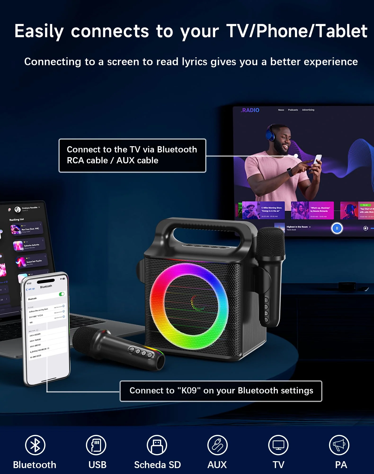 SINWE Portable Karaoke Machine with 2 Wireless Microphones - Bluetooth Singing Device with Colorful Lights & 15W Speaker for Christmas, Birthday Parties, Weddings & Home Entertainment - Image 4
