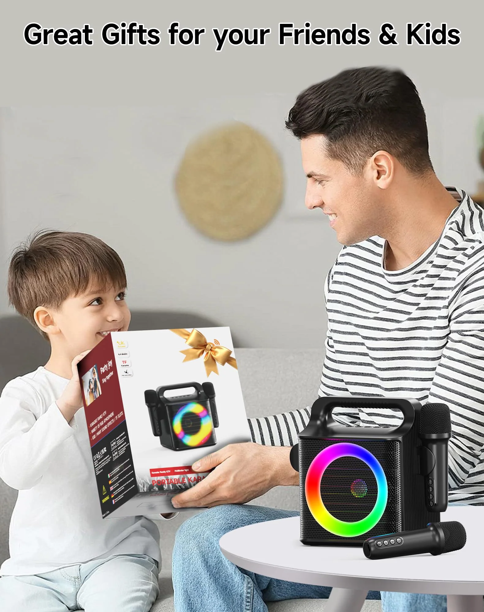 SINWE Portable Karaoke Machine with 2 Wireless Microphones - Bluetooth Singing Device with Colorful Lights & 15W Speaker for Christmas, Birthday Parties, Weddings & Home Entertainment - Image 7