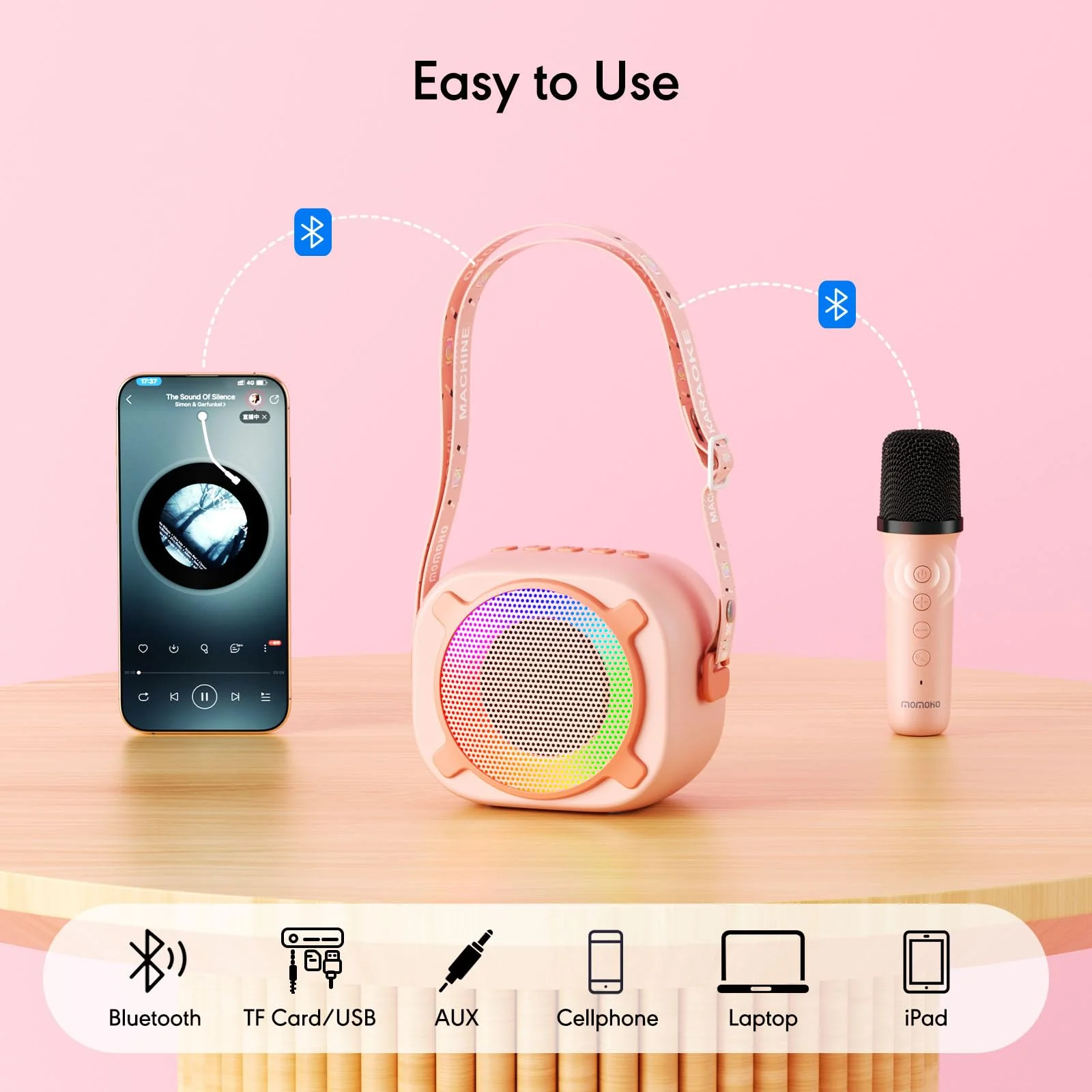 Siren K1 Mini Karaoke Machine for Kids, Portable Bluetooth Speaker with 2 Wireless Mics & Party Lights, Magic Voice Effects for 3-12 Year Old Girls & Boys (Pink) - Image 5