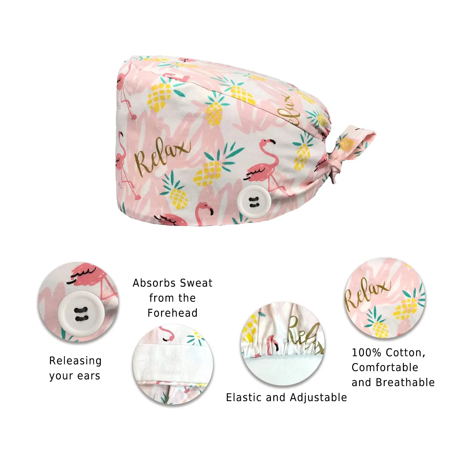 Siribelle Surgical Caps, Women's Men's Cotton Surgical Hat, Adjustable Chef's Hat, Long Hair, Dentist Chef Unit size Pink Flamingos - Image 3