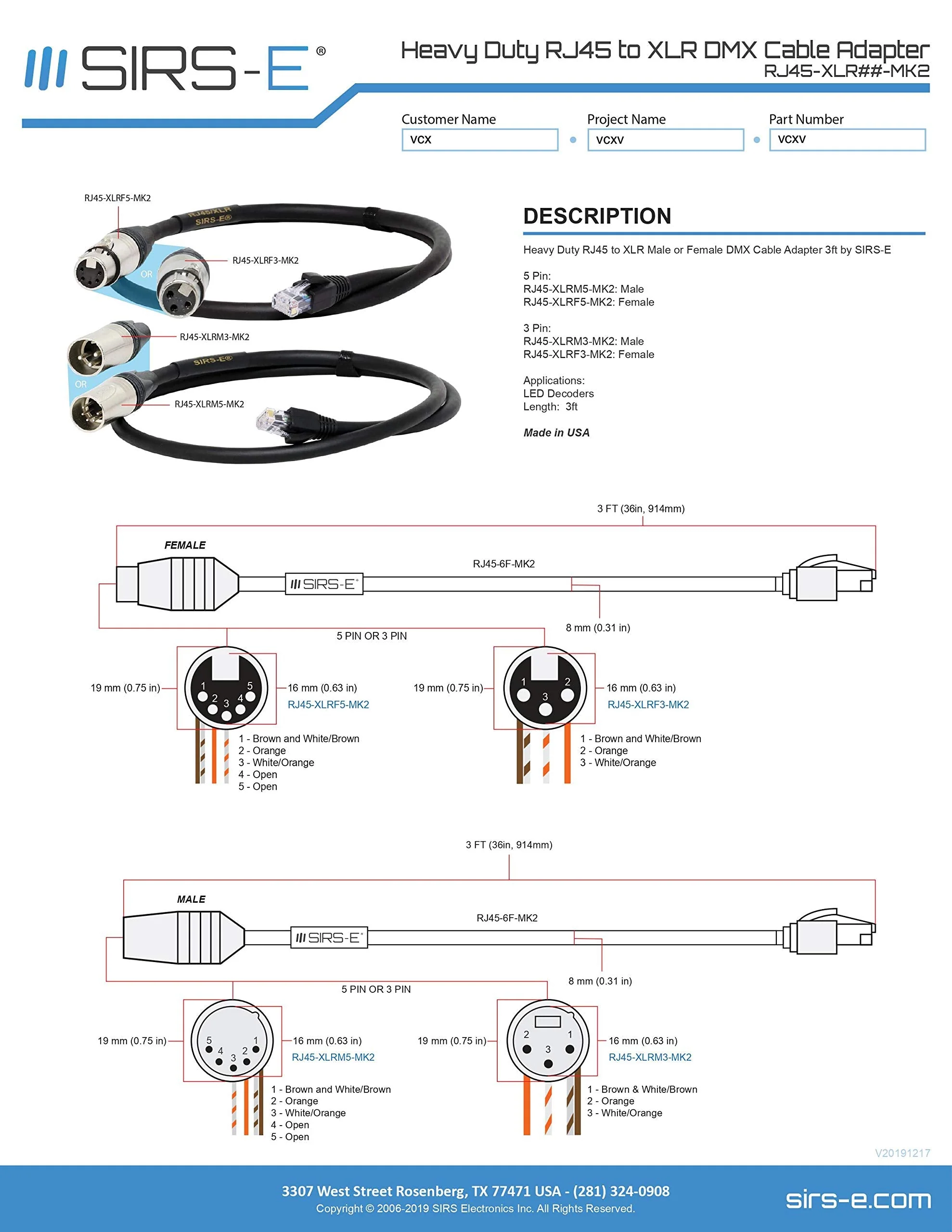 SIRS-E Heavy Duty DMX XLR 3 Pin Female to RJ45 Male 3Ft Cable Adapter for LED Lighting DMX512 Decoders - Image 5