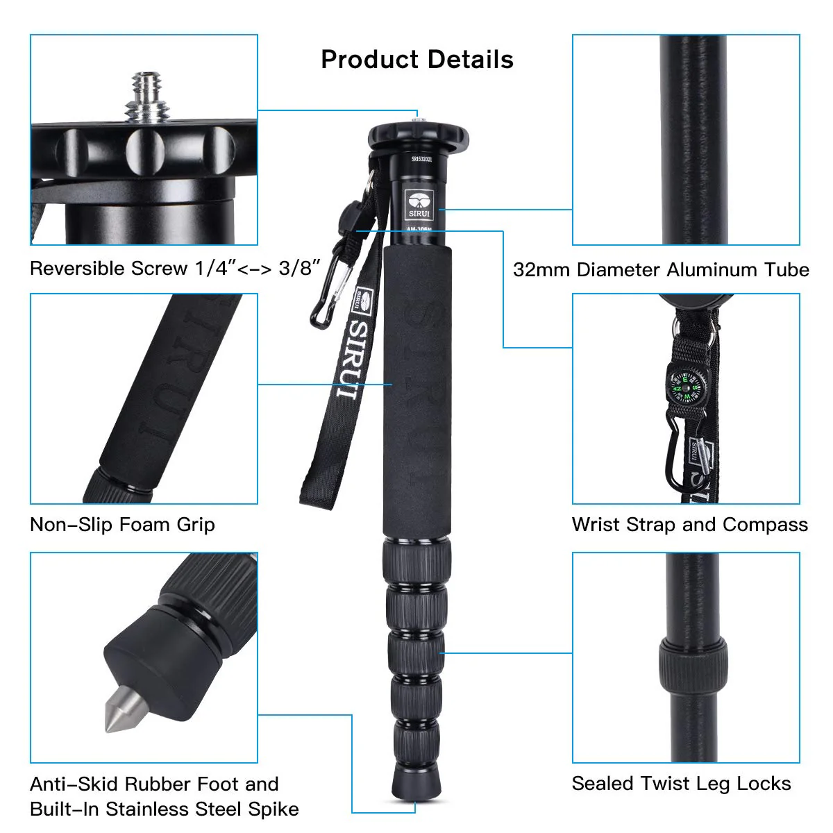 SIRUI AM-306M Camera Monopod, 6-Section 15.6-61.4 inches Aluminum Alloy Extendable Compact Lightweight Portable Travel Monopod for DSLR Cameras, Payload 17.6 lbs/8kg - Image 2