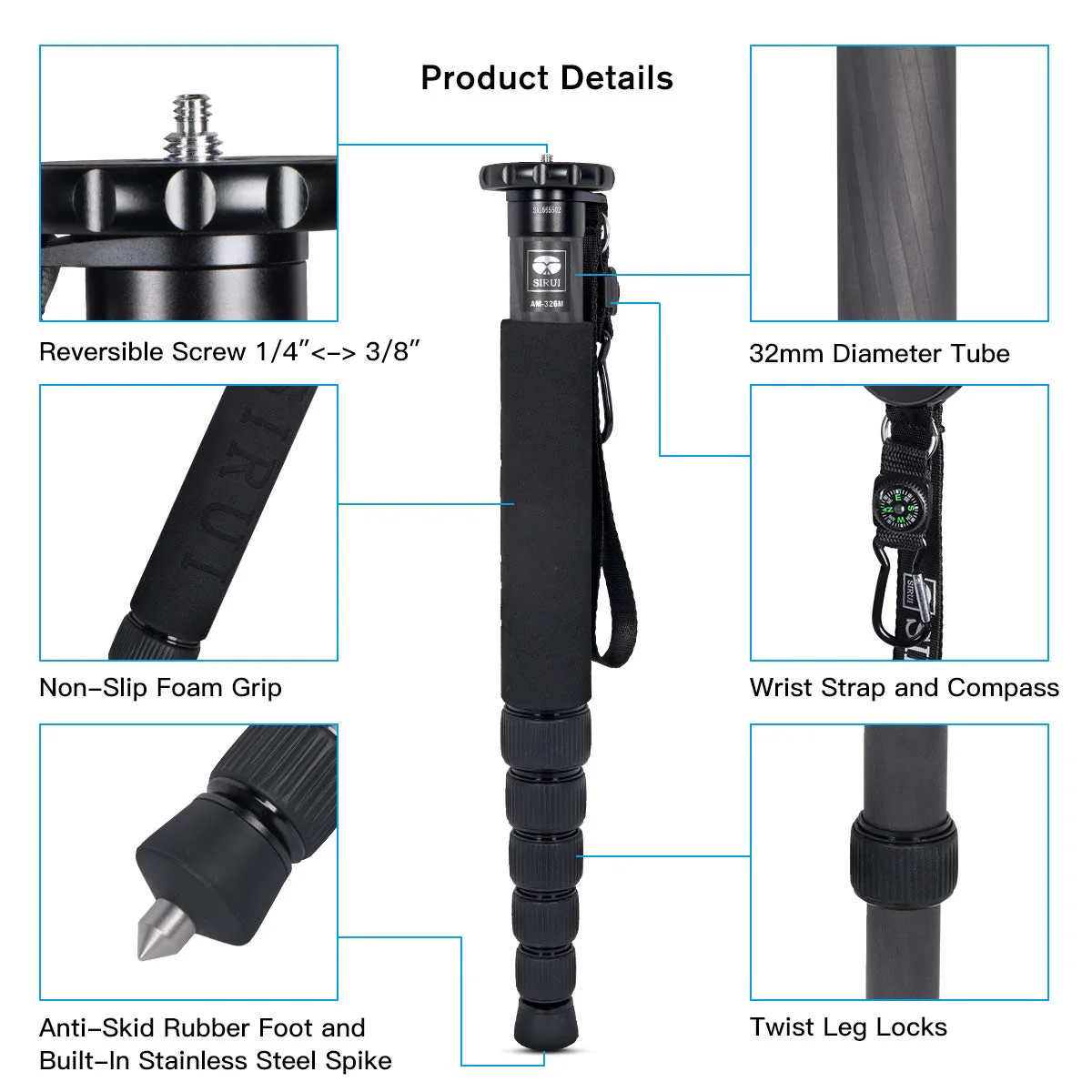 SIRUI Camera Monopod AM-326M 6 Section Carbon Fiber Portable Compact Lightweight Travel Monopod - Image 2