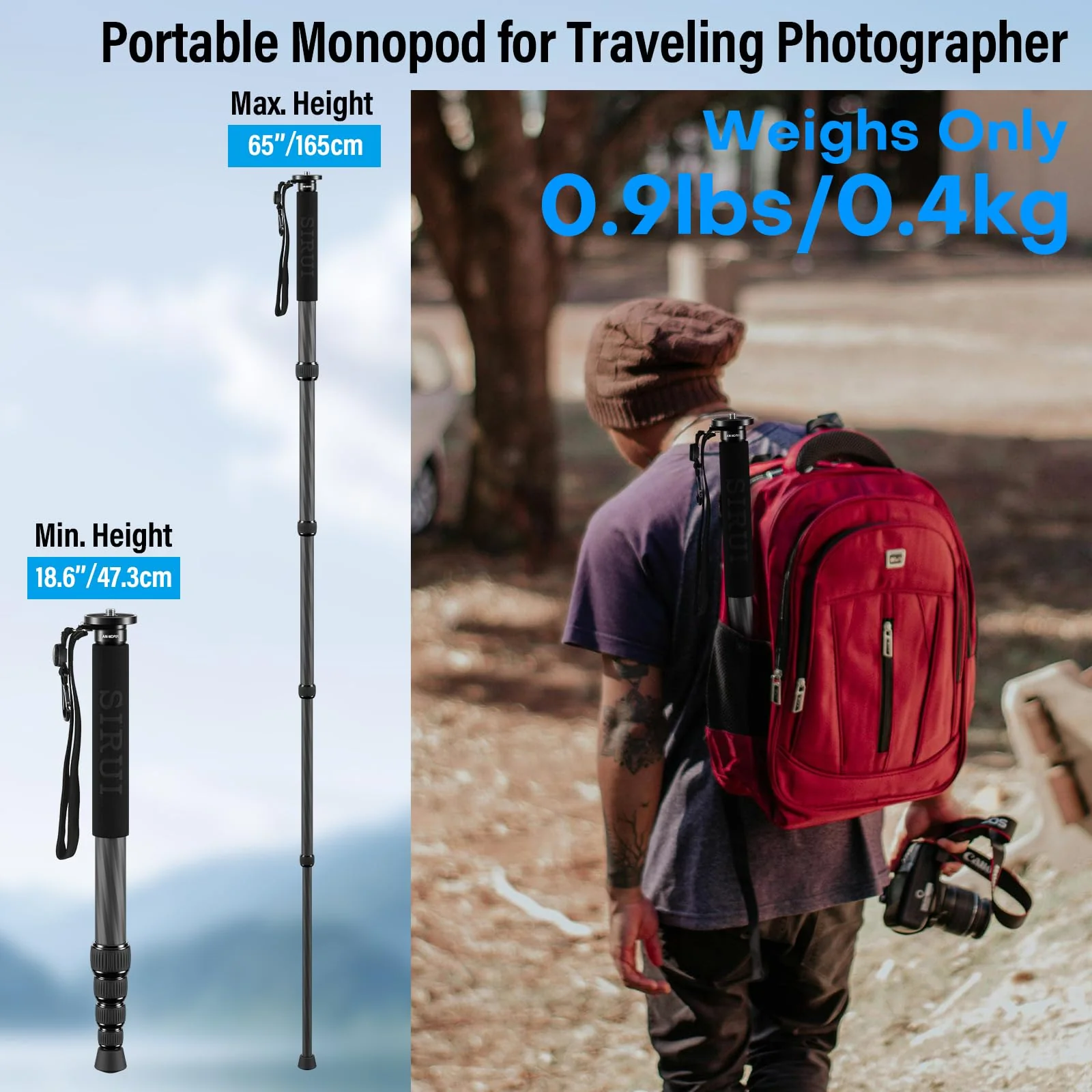 SIRUI Camera Monopod AM-MDP01, 65 inch Carbon Fiber Monopod Compact Lightweight for Travel, Max Load 22lbs/10kg - Image 2