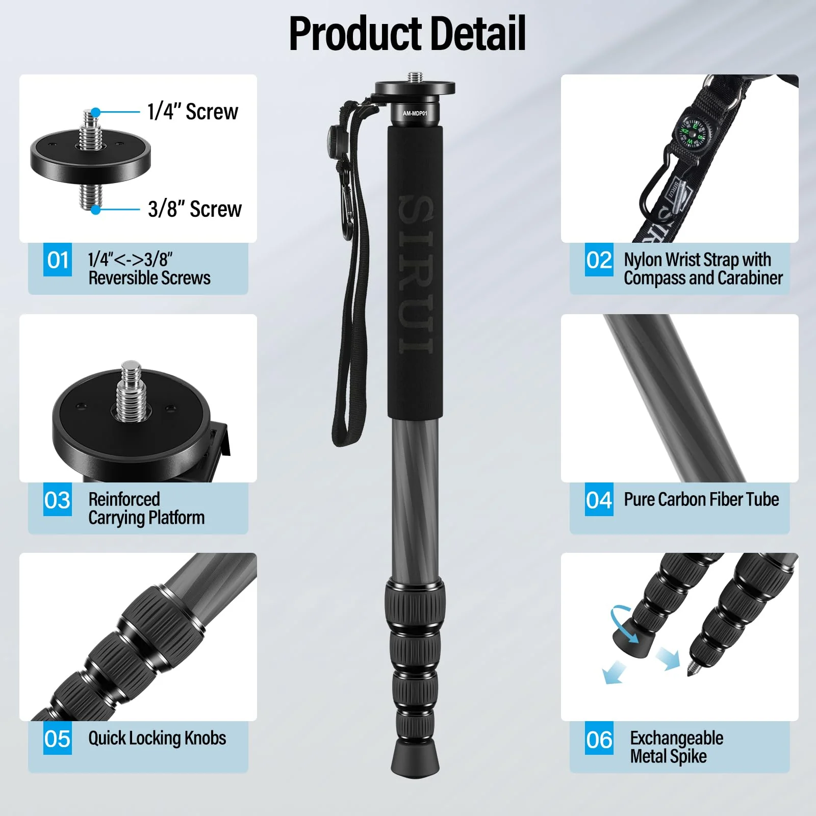SIRUI Camera Monopod AM-MDP01, 65 inch Carbon Fiber Monopod Compact Lightweight for Travel, Max Load 22lbs/10kg - Image 7