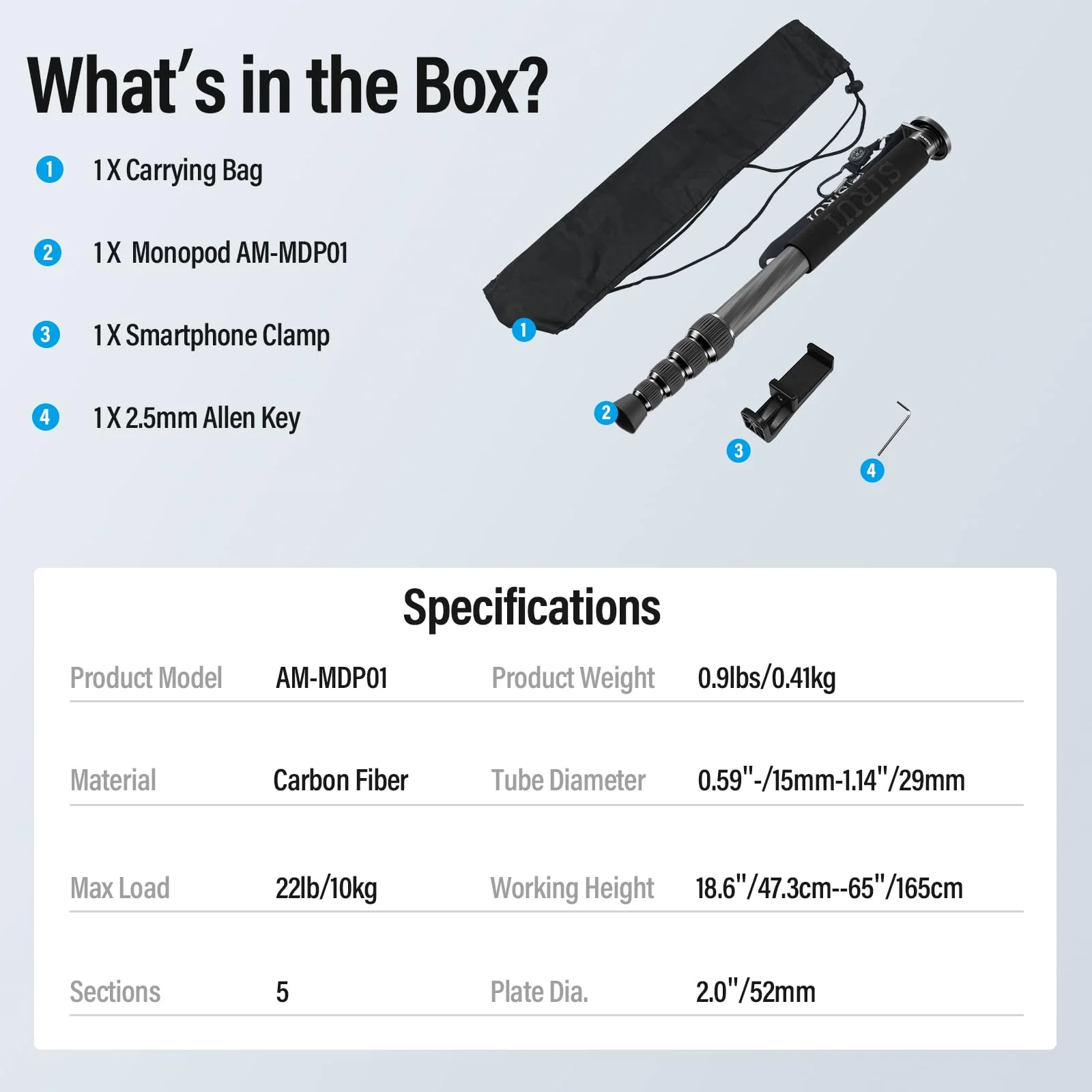SIRUI Camera Monopod AM-MDP01, 65 inch Carbon Fiber Monopod Compact Lightweight for Travel, Max Load 22lbs/10kg - Image 9