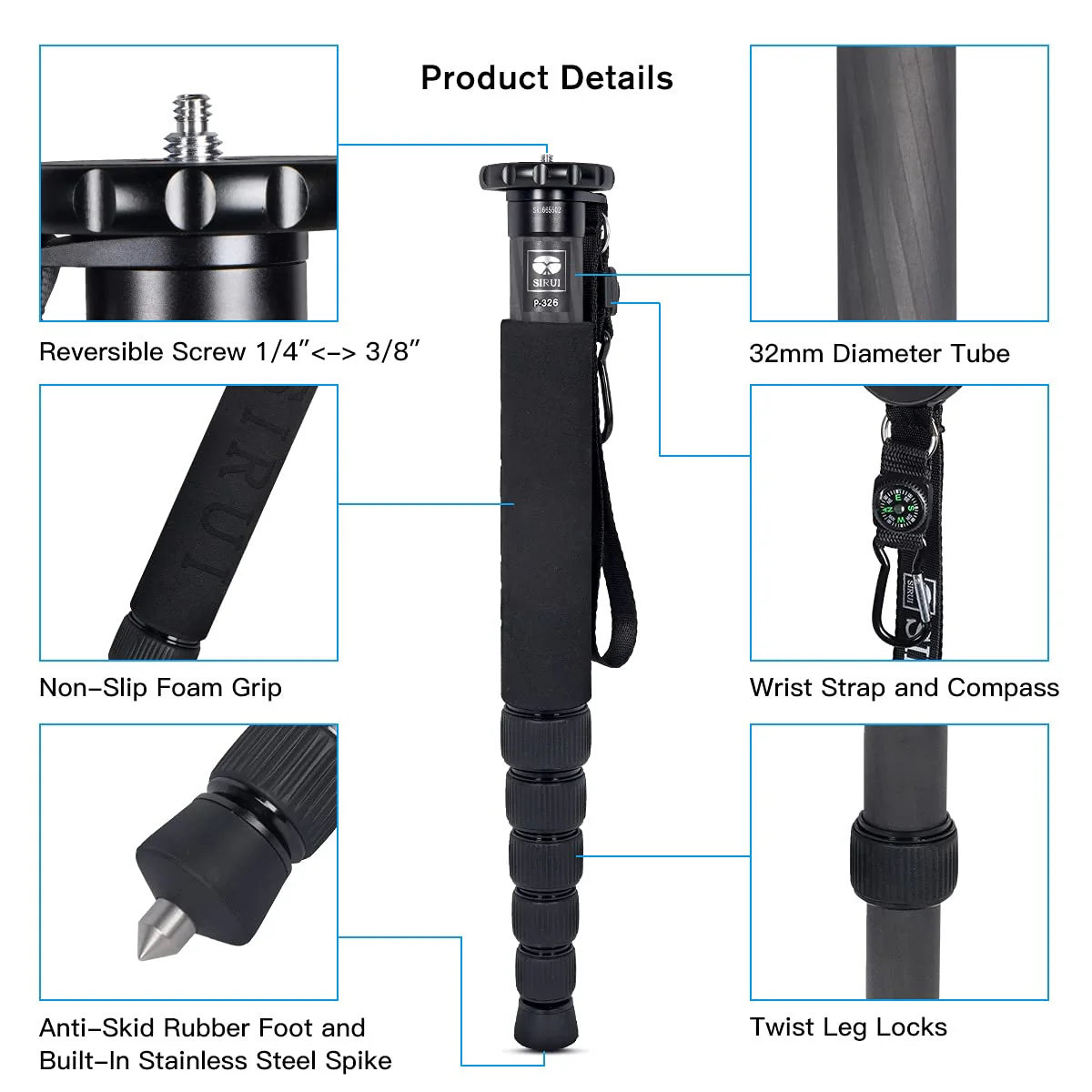 SIRUI Camera Monopod P-326 6 Section Carbon Fiber Compact Lightweight Travel Monopod - Image 2