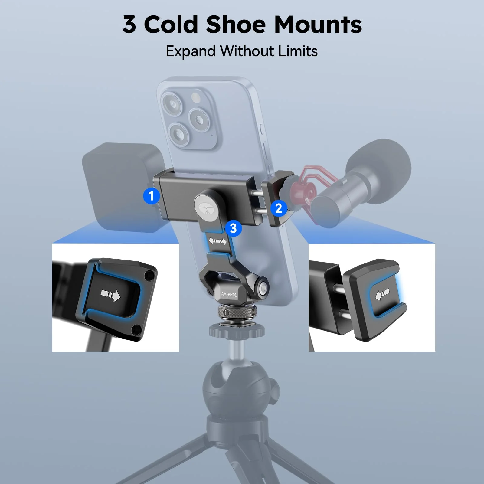 Sirui Metal Phone Holder with Cold Shoe Base for Camera Mount, Universal Tripod Smartphone Clamp with 3 Cold Shoes, Adjustable Cellphone Tripod Mount for iPhone 16 15 14, etc. Gunmetal, AM-PH01 - Image 3