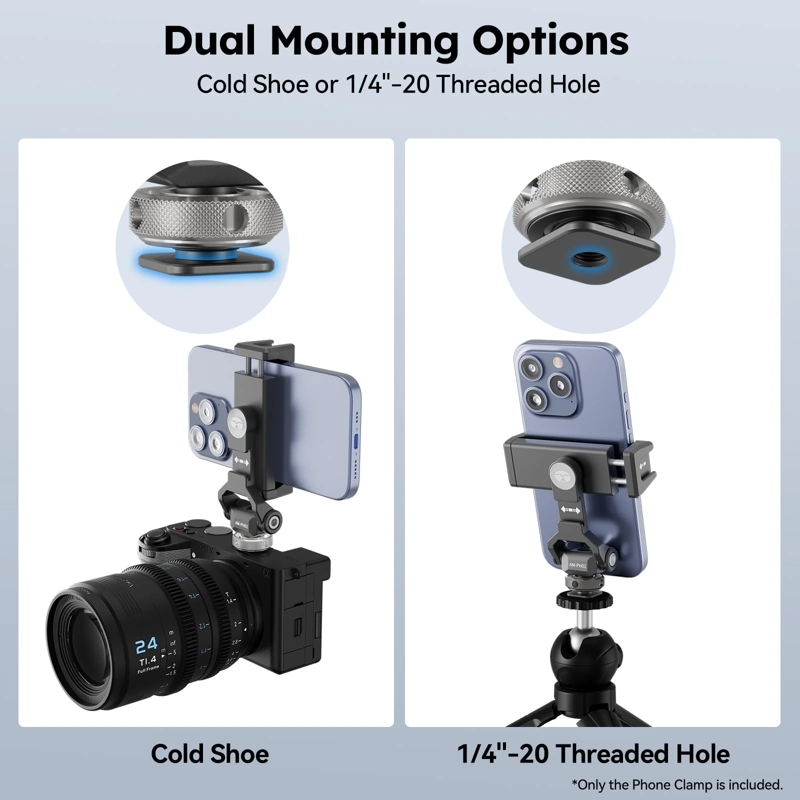 Sirui Metal Phone Holder with Cold Shoe Base for Camera Mount, Universal Tripod Smartphone Clamp with 3 Cold Shoes, Adjustable Cellphone Tripod Mount for iPhone 16 15 14, etc. Gunmetal, AM-PH01 - Image 5