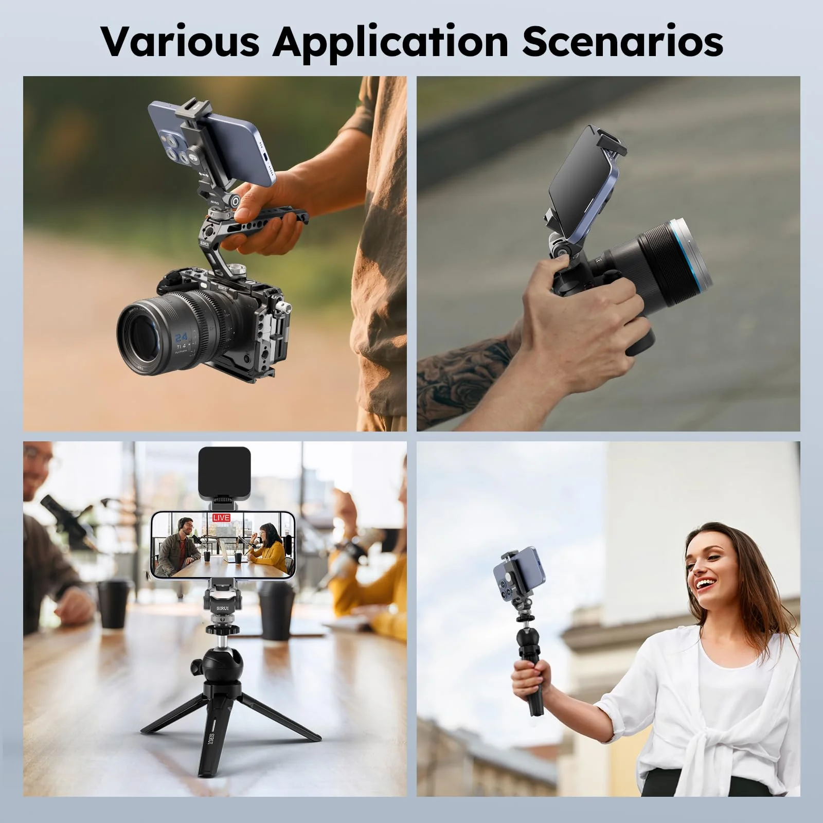 Sirui Metal Phone Holder with Cold Shoe Base for Camera Mount, Universal Tripod Smartphone Clamp with 3 Cold Shoes, Adjustable Cellphone Tripod Mount for iPhone 16 15 14, etc. Gunmetal, AM-PH01 - Image 7