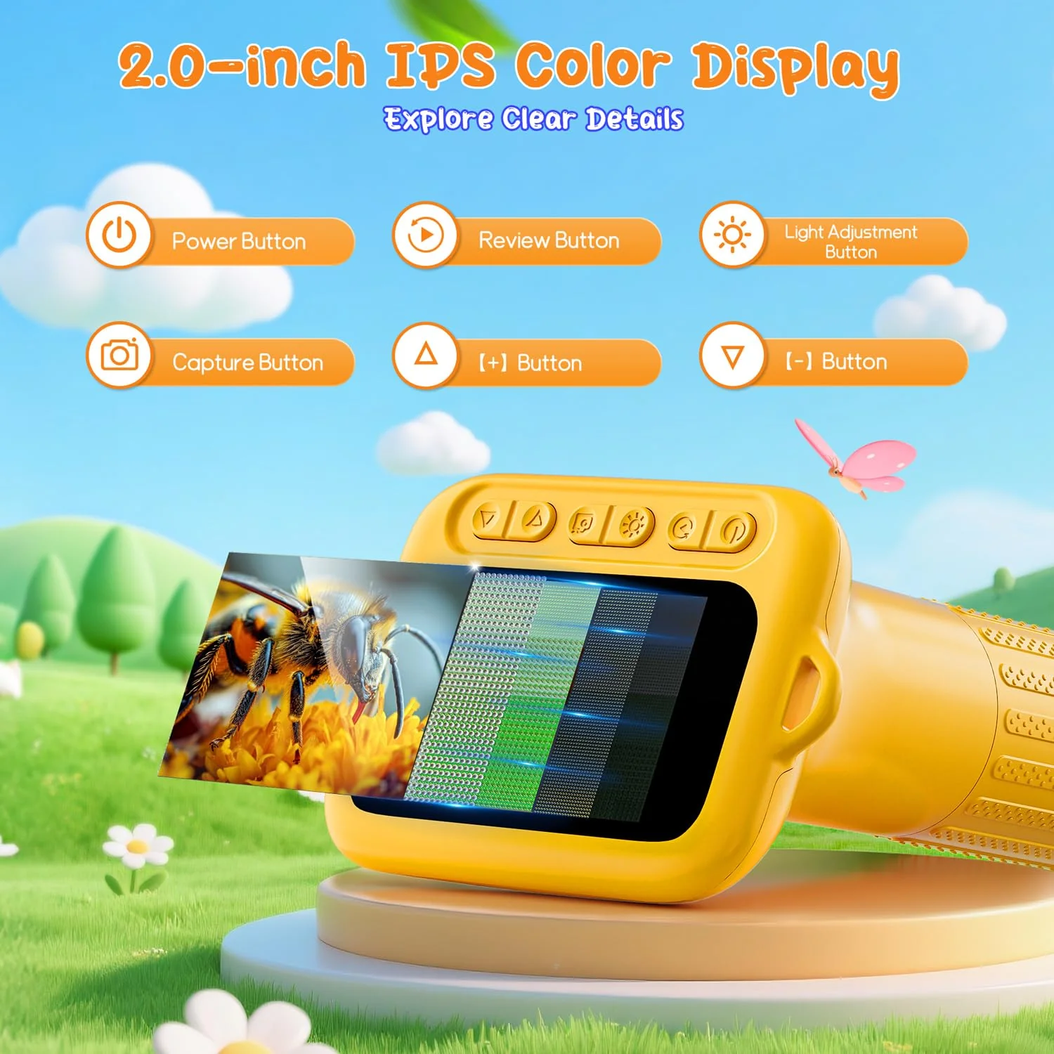 SKYBASIC Digital Microscope for Kids, 2" Screen 1000X Handheld Microscope HD Pocket Portable Microscopes Camera, Science Edu Fun Birthday Gifts Toys for Ages 4-12 Children Students Boys Girls -Yellow 2"-Yellow - Image 2
