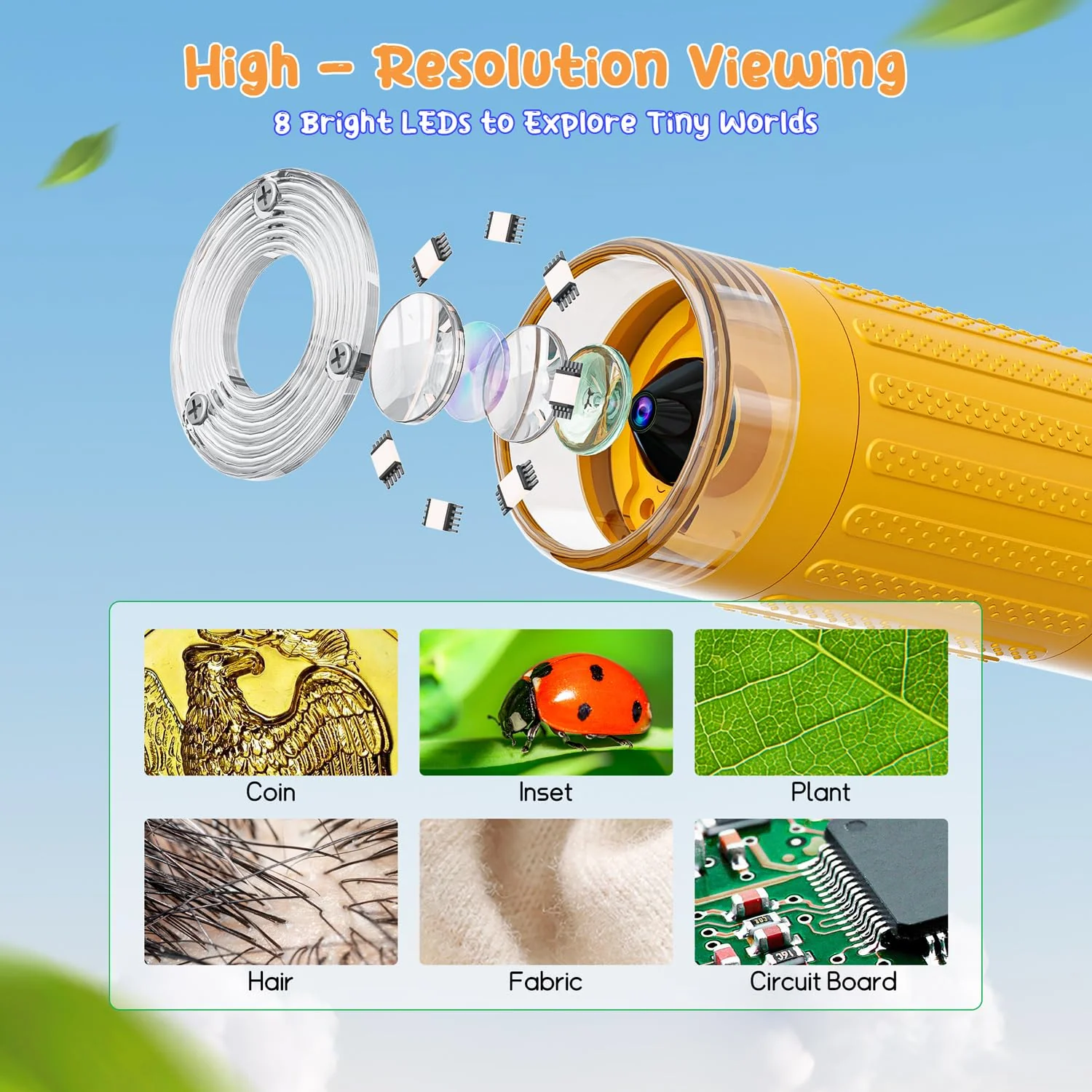 SKYBASIC Digital Microscope for Kids, 2" Screen 1000X Handheld Microscope HD Pocket Portable Microscopes Camera, Science Edu Fun Birthday Gifts Toys for Ages 4-12 Children Students Boys Girls -Yellow 2"-Yellow - Image 3