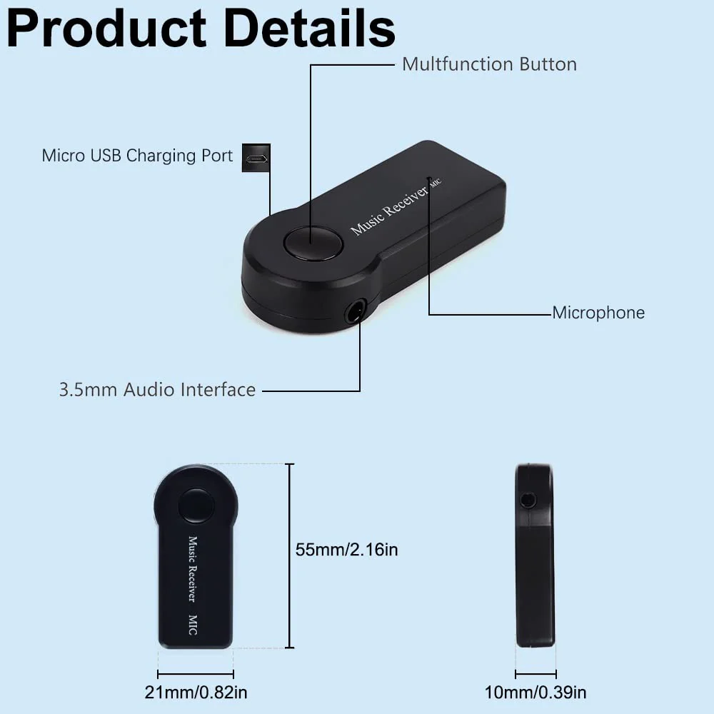 SKYBESS Bluetooth Receiver Portable 3.5mm Aux Bluetooth Audio Adapter for Car/Home Sound System/Wired Headphones/Speaker, Wireless Audio Receiver for Music Streaming/Hands-Free Calls, Built-in Mic - Image 7