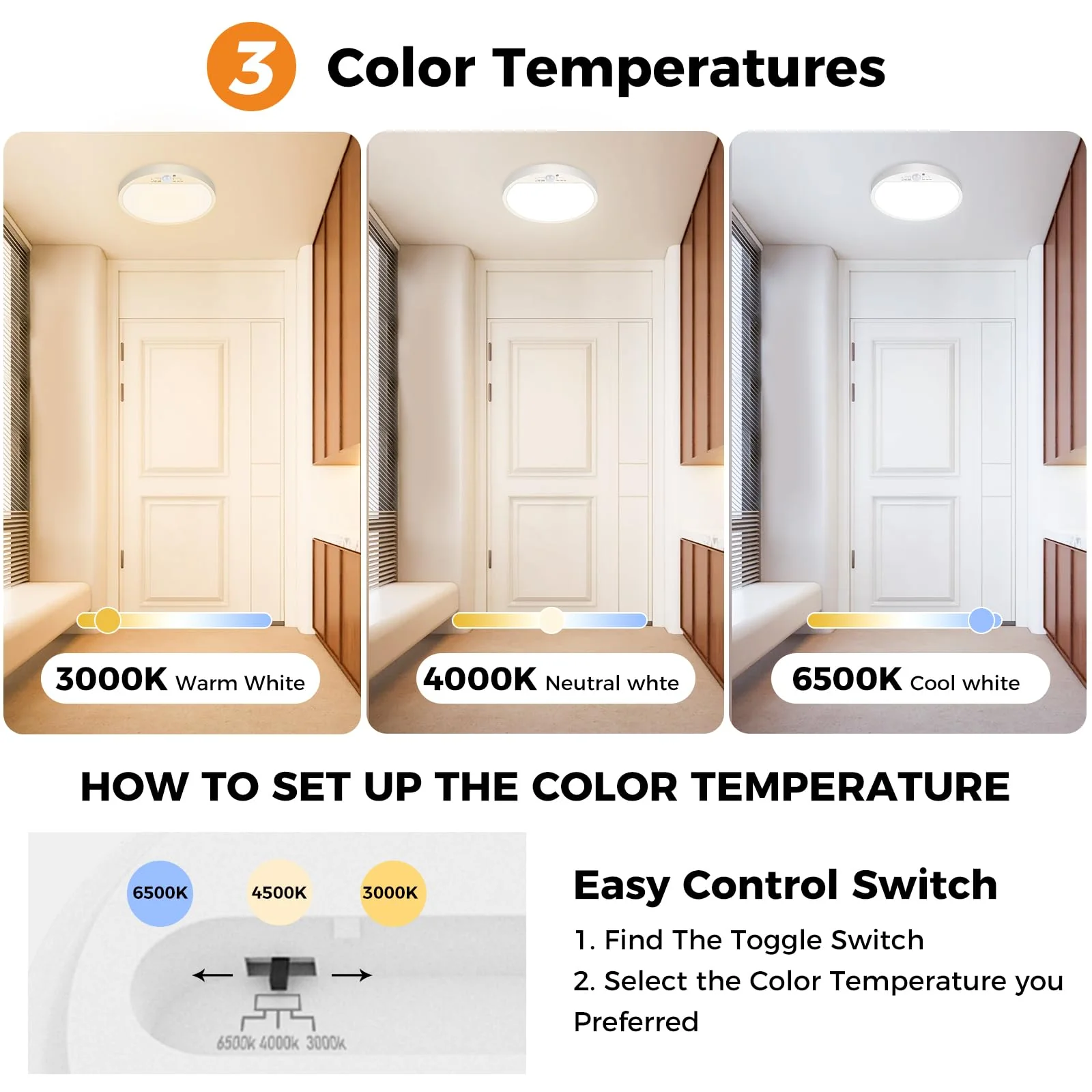 Slochi 2Pack Motion Sensor Ceiling Light Wired, 3000K/4000K/6500K Motion Sensor Light Indoor, 15W 1500LM 7 In Closet Lights Motion Sensored with Timer, Flush Mount Light for Hallway Wall Pantry, White 2packs-7Inch - Image 3