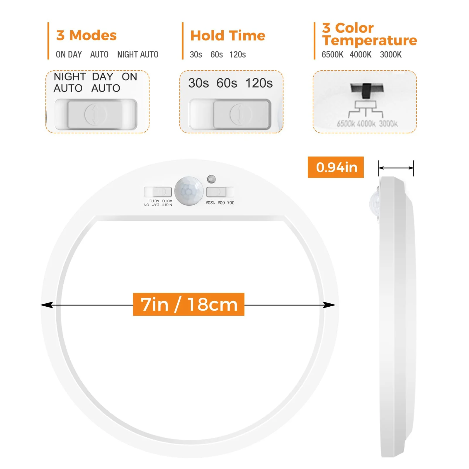 Slochi 2Pack Motion Sensor Ceiling Light Wired, 3000K/4000K/6500K Motion Sensor Light Indoor, 15W 1500LM 7 In Closet Lights Motion Sensored with Timer, Flush Mount Light for Hallway Wall Pantry, White 2packs-7Inch - Image 7