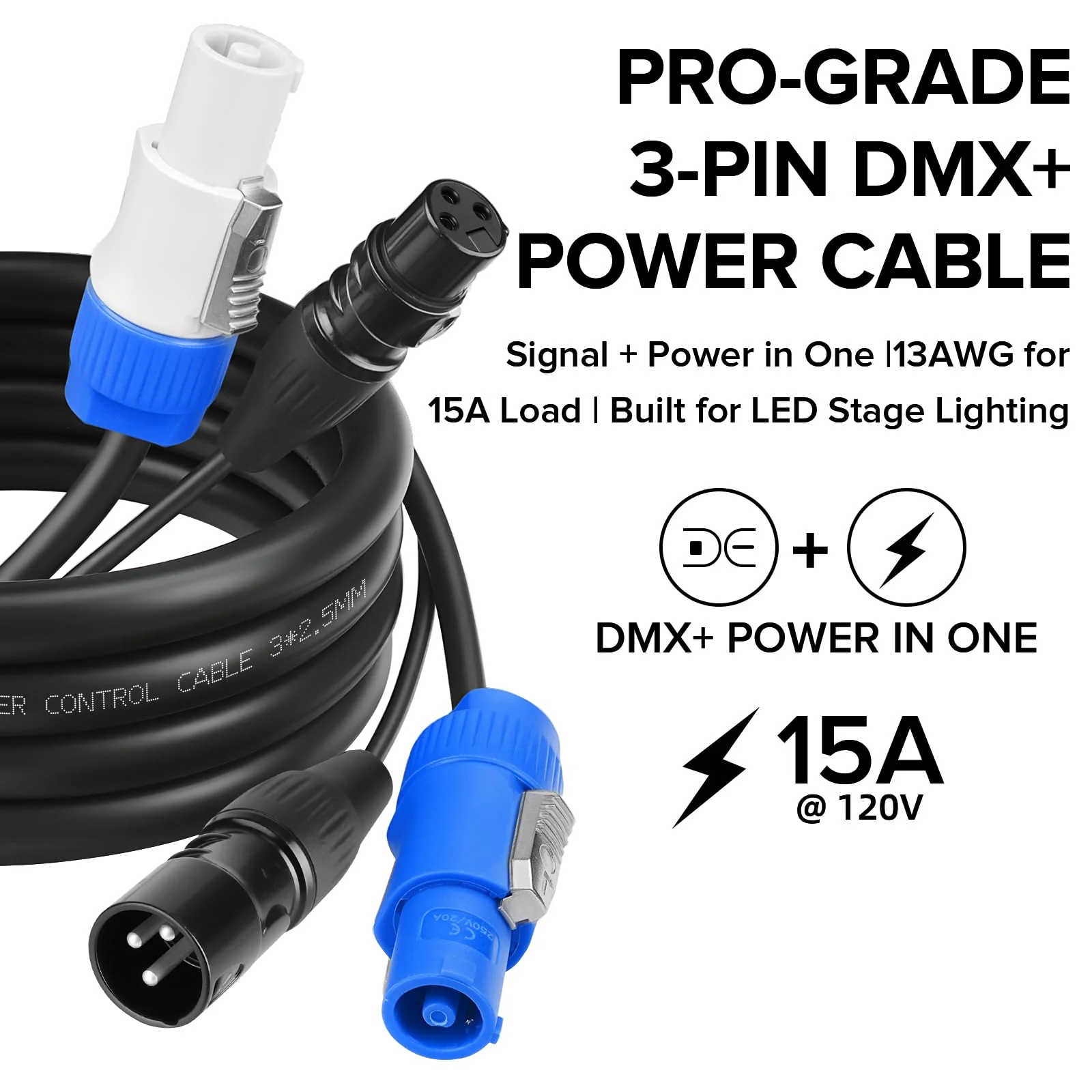SMALL-EYE 3 Pin DMX & Power Con Combo Link Cable 5 ft – 13AWG Power Control DMX Male to Female Cord for Lighting Fixtures 5 Feet - Image 2