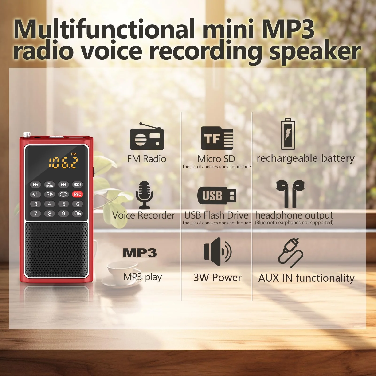 Small FM Radio Pocket Portable Radio,Rechargeable Battery Operated,USB/Micro SD Card/TF Card Slot Mp3 Player,Numeric Key, with Recorder,Excellent Reception and Sound,Suitable for Home & Outdoor Use RED - Image 4