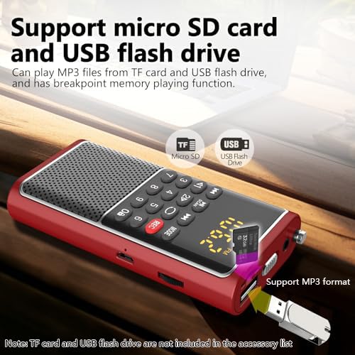 Small FM Radio Pocket Portable Radio,Rechargeable Battery Operated,USB/Micro SD Card/TF Card Slot Mp3 Player,Numeric Key, with Recorder,Excellent Reception and Sound,Suitable for Home & Outdoor Use RED - Image 7