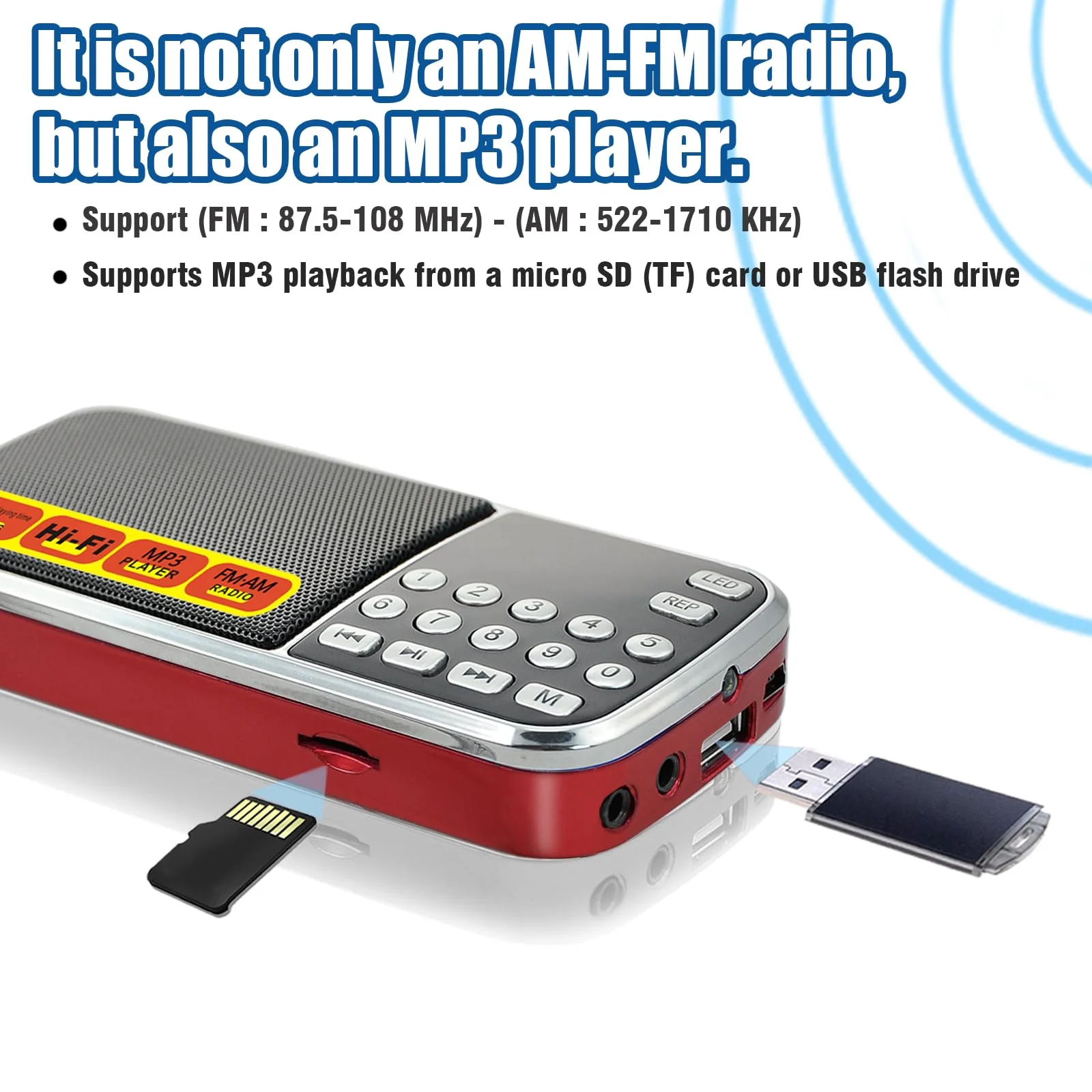Small Radios Portable AM FM:Battery Powered Radio Support USB Flash Disk/Micro SD Card MP3 Playback TF Card Slot Digital Buttons Bass Diaphragm Pocket Radio with Excellent Reception and Sound Quality red - Image 2