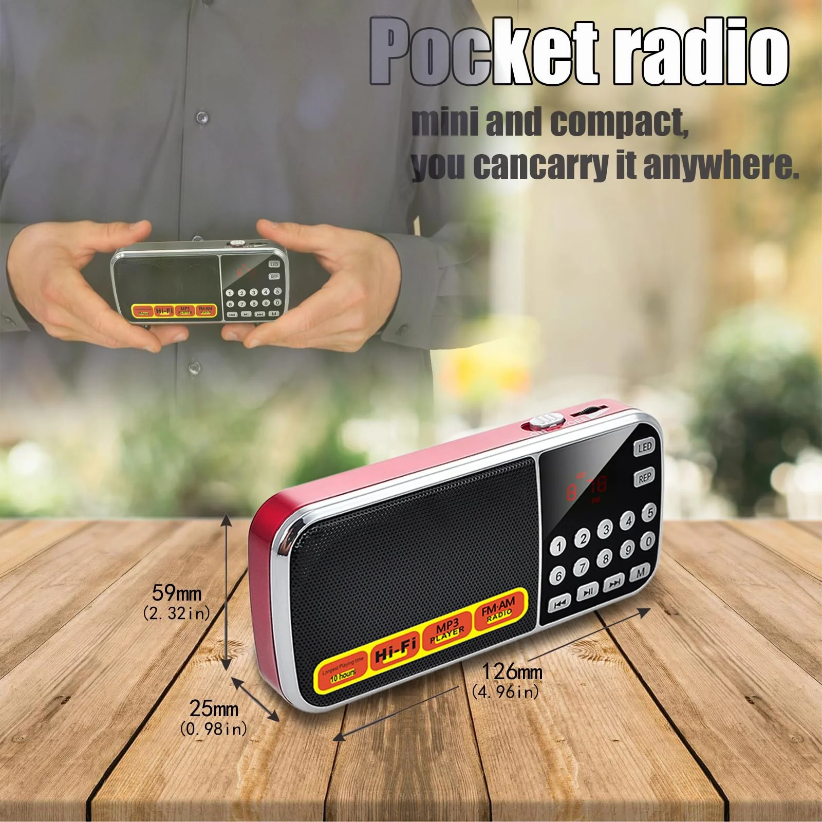 Small Radios Portable AM FM:Battery Powered Radio Support USB Flash Disk/Micro SD Card MP3 Playback TF Card Slot Digital Buttons Bass Diaphragm Pocket Radio with Excellent Reception and Sound Quality red - Image 4