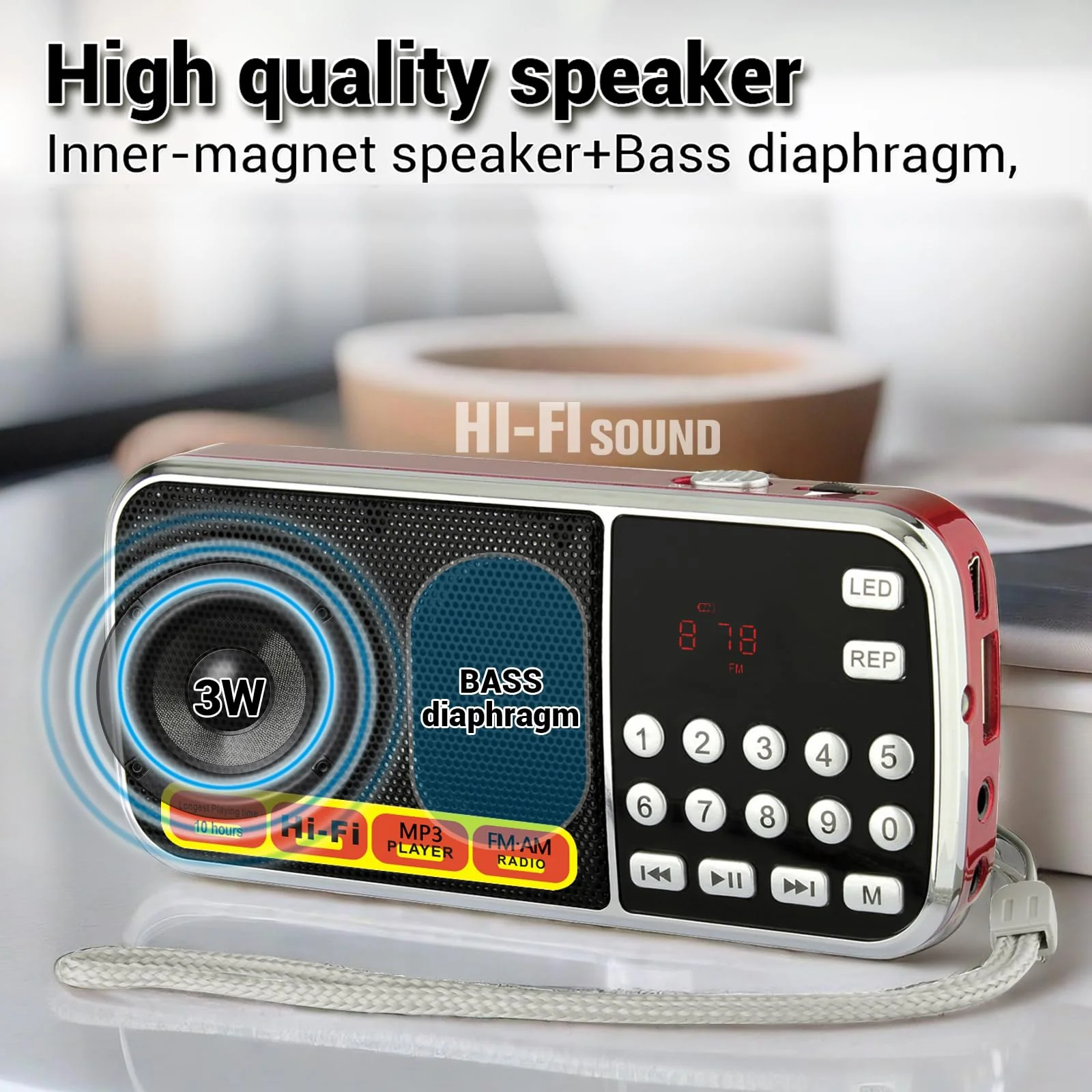 Small Radios Portable AM FM:Battery Powered Radio Support USB Flash Disk/Micro SD Card MP3 Playback TF Card Slot Digital Buttons Bass Diaphragm Pocket Radio with Excellent Reception and Sound Quality red - Image 5