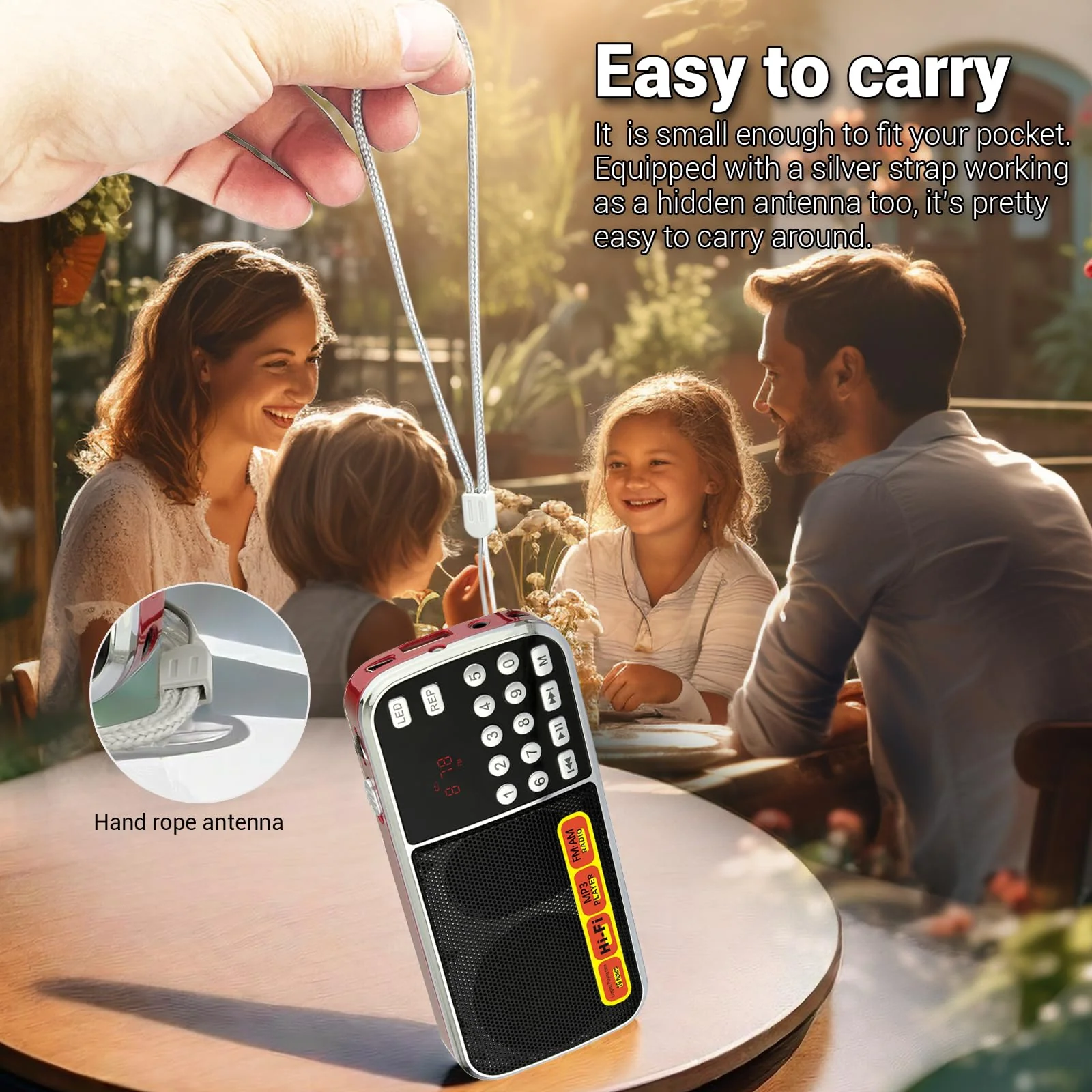 Small Radios Portable AM FM:Battery Powered Radio Support USB Flash Disk/Micro SD Card MP3 Playback TF Card Slot Digital Buttons Bass Diaphragm Pocket Radio with Excellent Reception and Sound Quality red - Image 7
