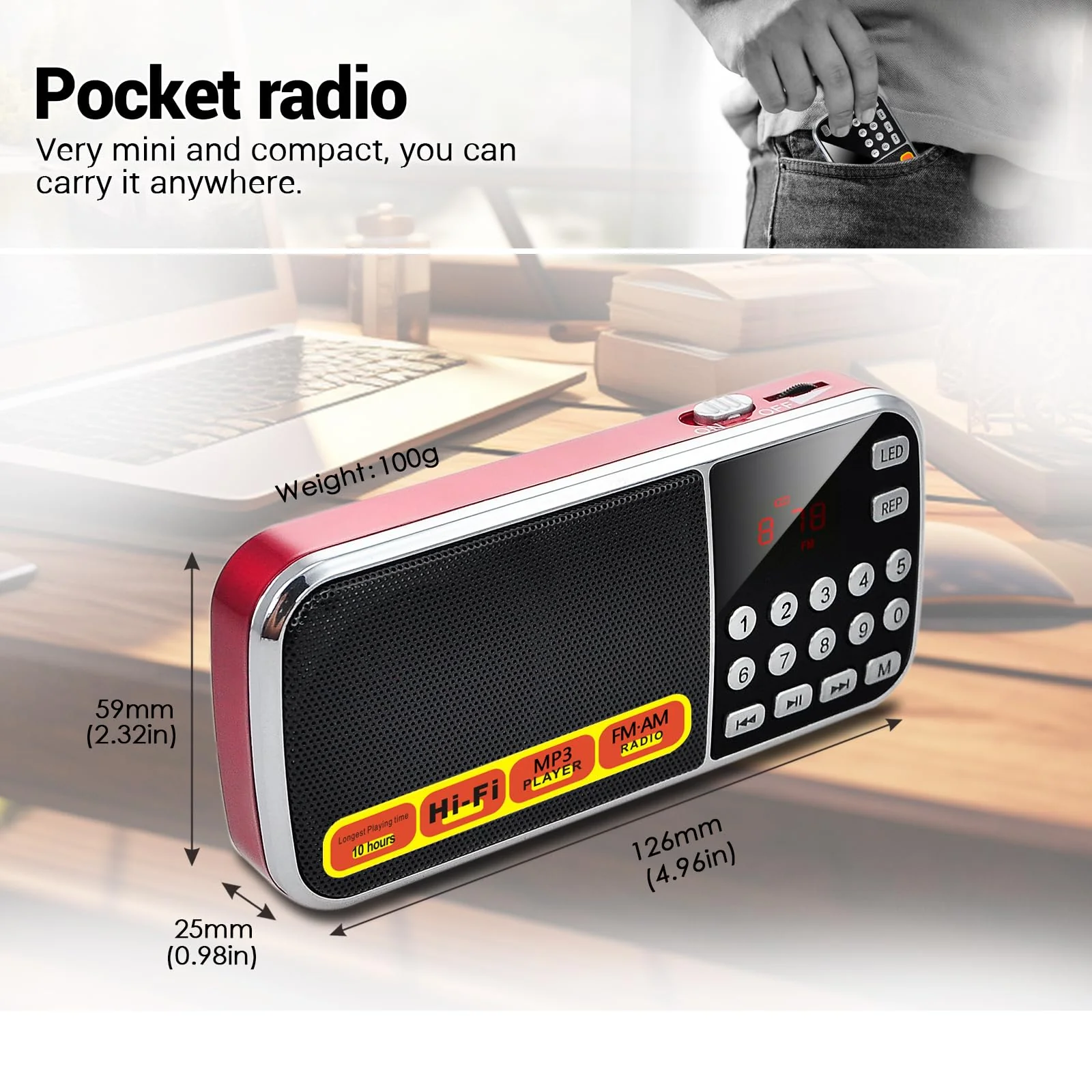 Small Radios Portable AM FM:Battery Powered Radio Support USB Flash Disk/Micro SD Card MP3 Playback TF Card Slot Digital Buttons Bass Diaphragm Pocket Radio with Excellent Reception and Sound Quality red - Image 9