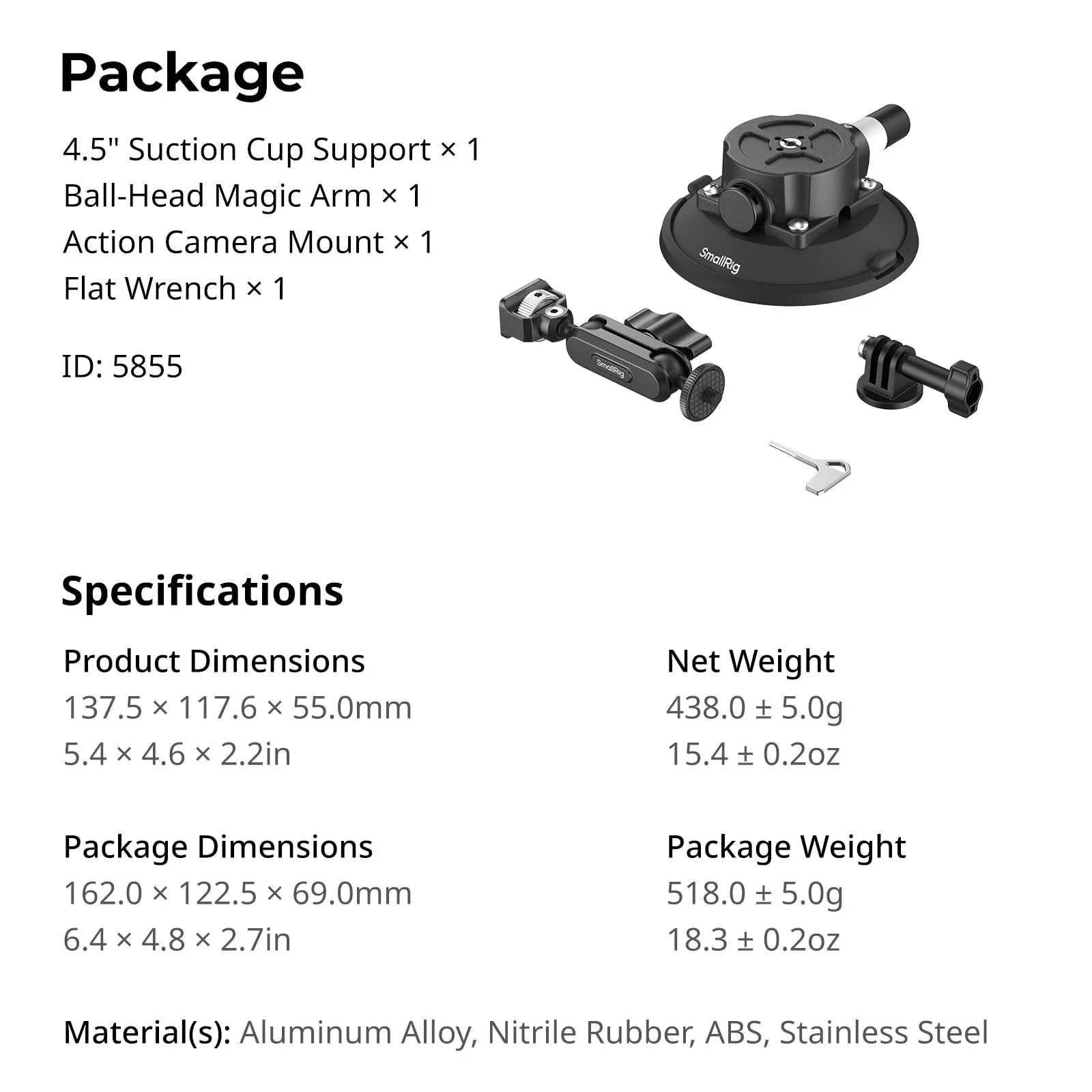 SMALLRIG 4.5" Suction Cup Mount with Ball Head Magic Arm, Camera Mount for DJI Osmo Action 5 Pro/4, for Insta360 x5, for Gopro 13/12,on Car Windshield or Window, Compatible with Action Cameras-5855 4.5" - Image 7