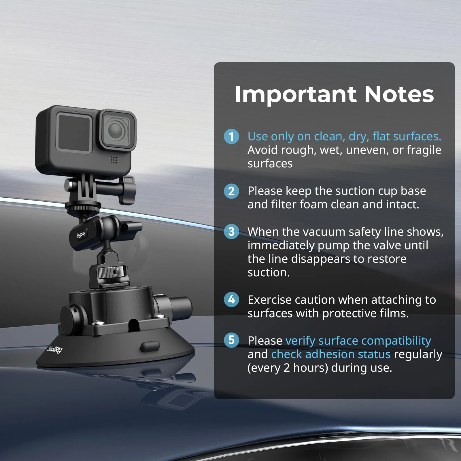 SMALLRIG 4.5" Suction Cup Mount with Ball Head Magic Arm, Camera Mount for DJI Osmo Action 5 Pro/4, for Insta360 x5, for Gopro 13/12,on Car Windshield or Window, Compatible with Action Cameras-5855 4.5" - Image 8