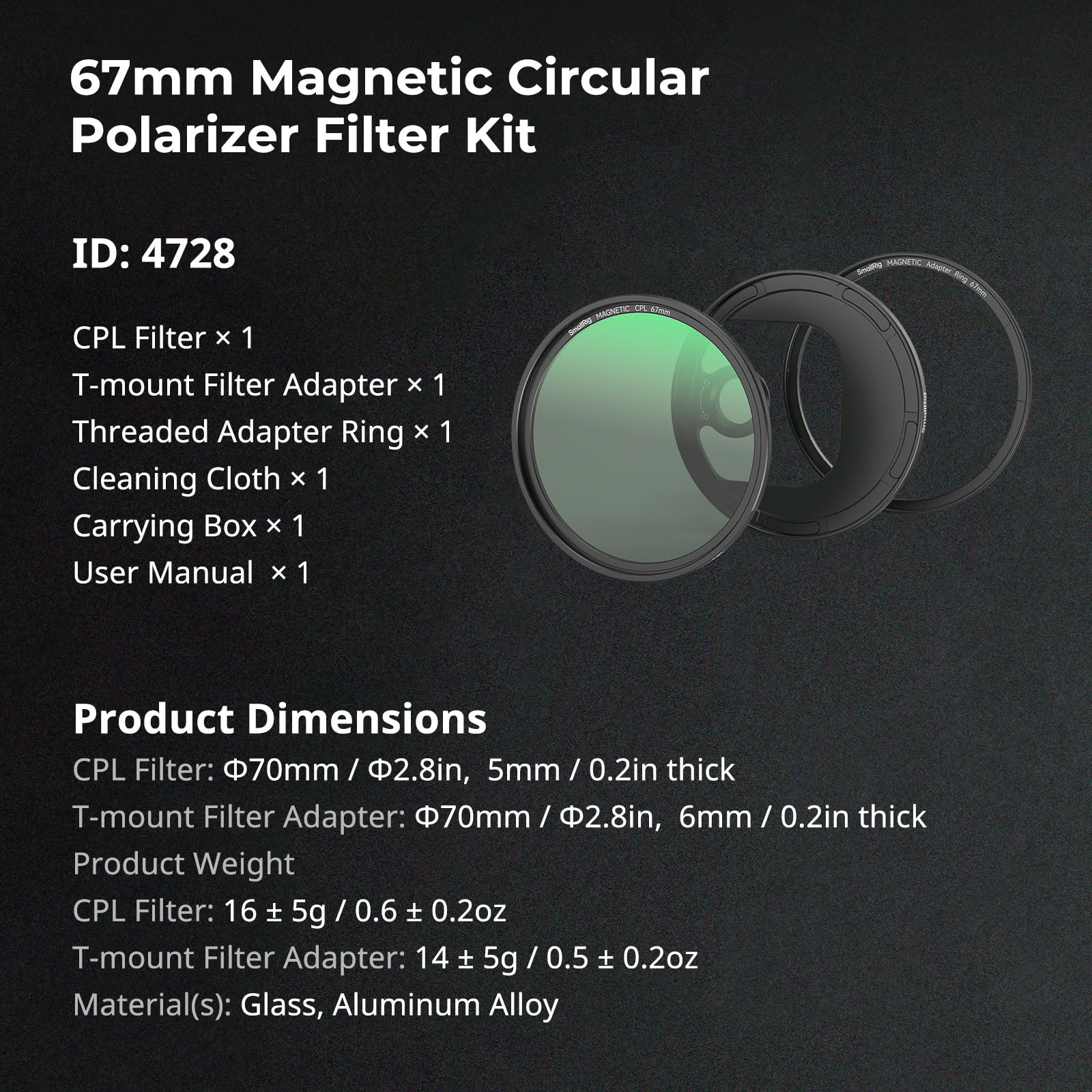SMALLRIG 67mm Magnetic Circular Polarizer Filter Including 67mm Threaded Filter Ring and T-Mount Filter Adapter, Magnetic CPL Filter Kit with Waterproof Scratch Resistant - 4728 - Image 7
