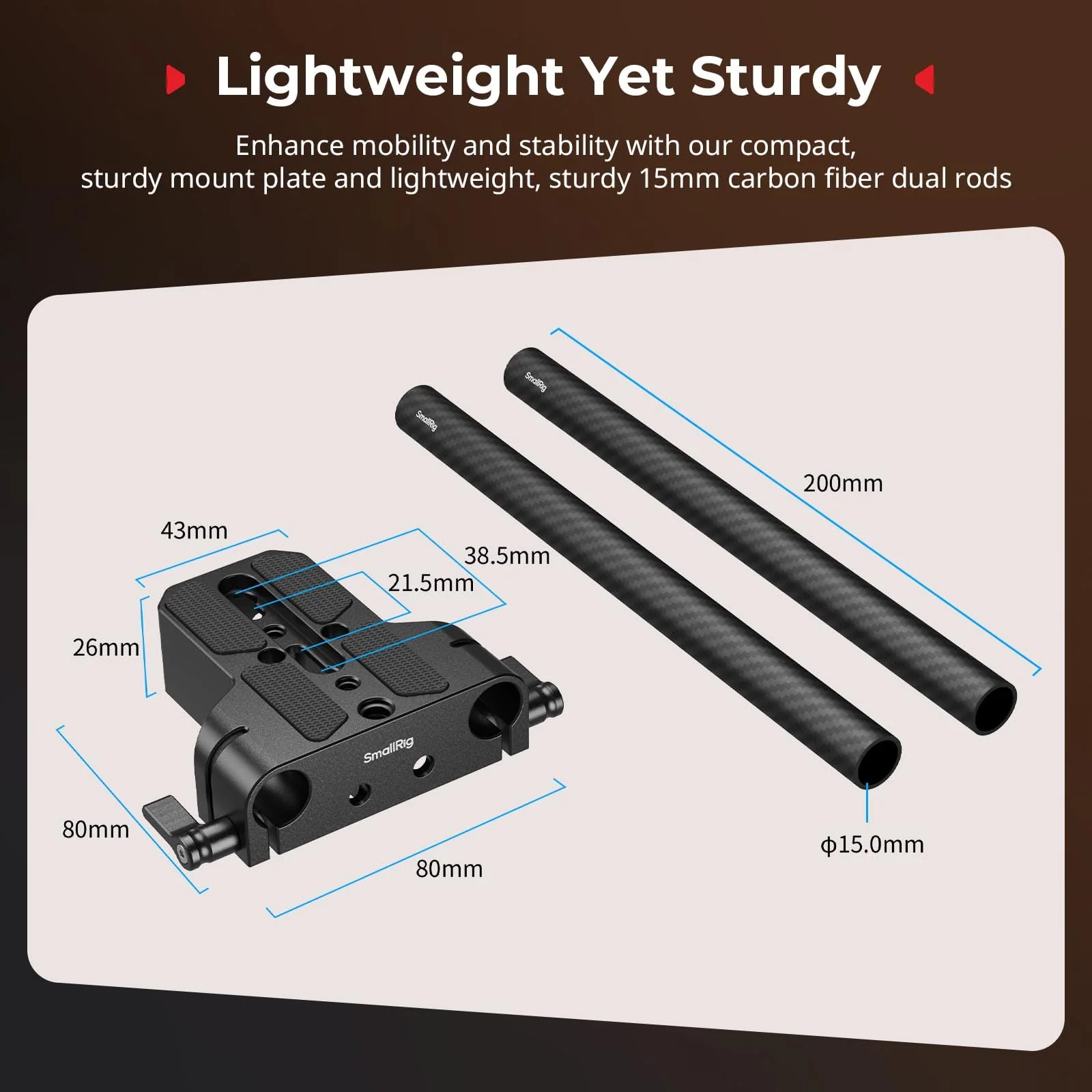 SMALLRIG Camera Base Plate Kit with 15mm LWS Rod Rail Clamp, Carbon Fiber 15mm Rods (8'' / 20cm), for Sony A6500 A6600 A6300, for Canon R5 R6, for Sony A7SIII / A7III, Both for Cameras & Cages - 5609 Base Plate+15mm Rods - Image 3