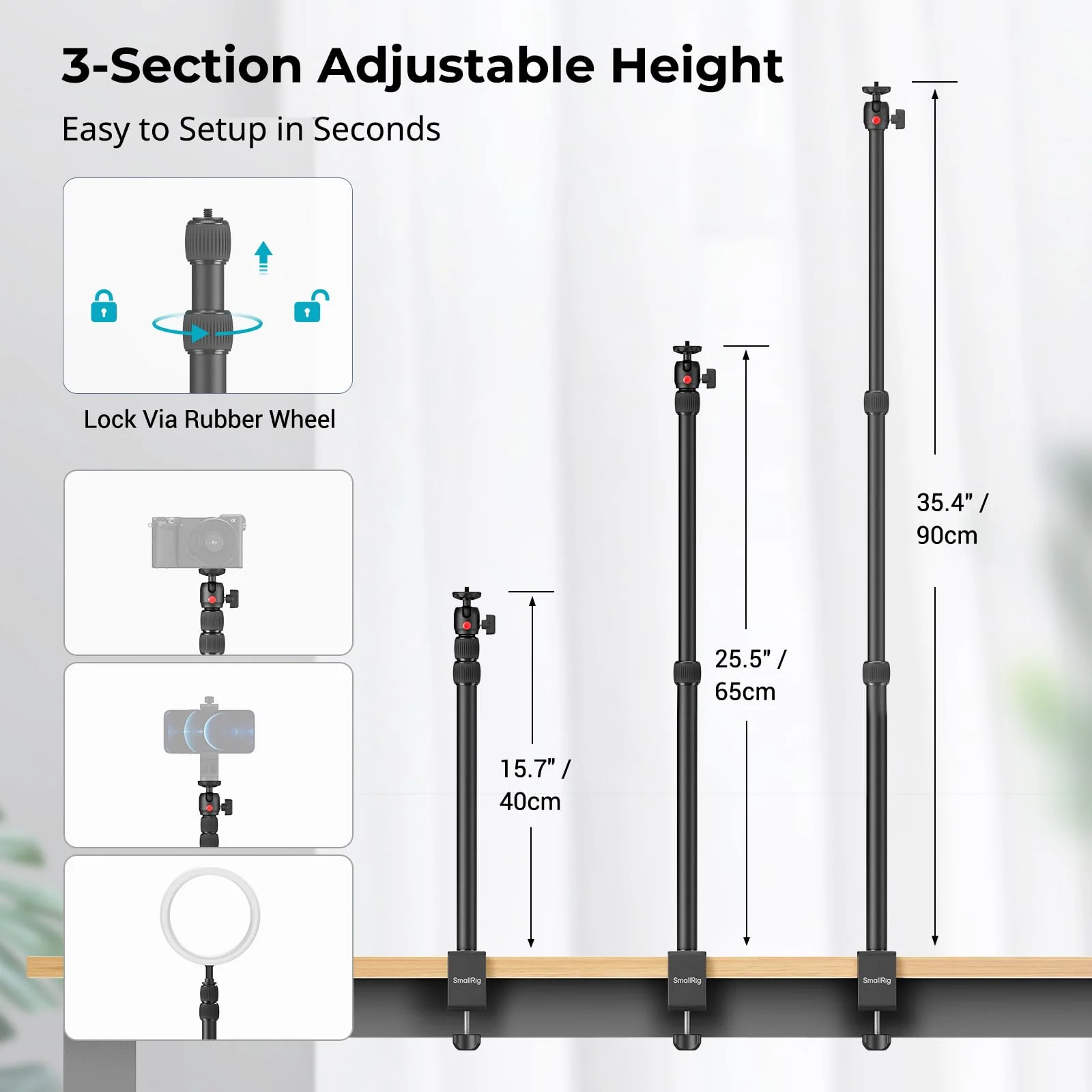 SMALLRIG Camera Desk Mount C Stand, 15"-35" Adjustable Desk Tripod Light Stand, Tabletop C Clamp for Webcam, DSLR Camera, Ring Light, Live Streaming, Photo Video Shooting Clamp 3488 - Image 3