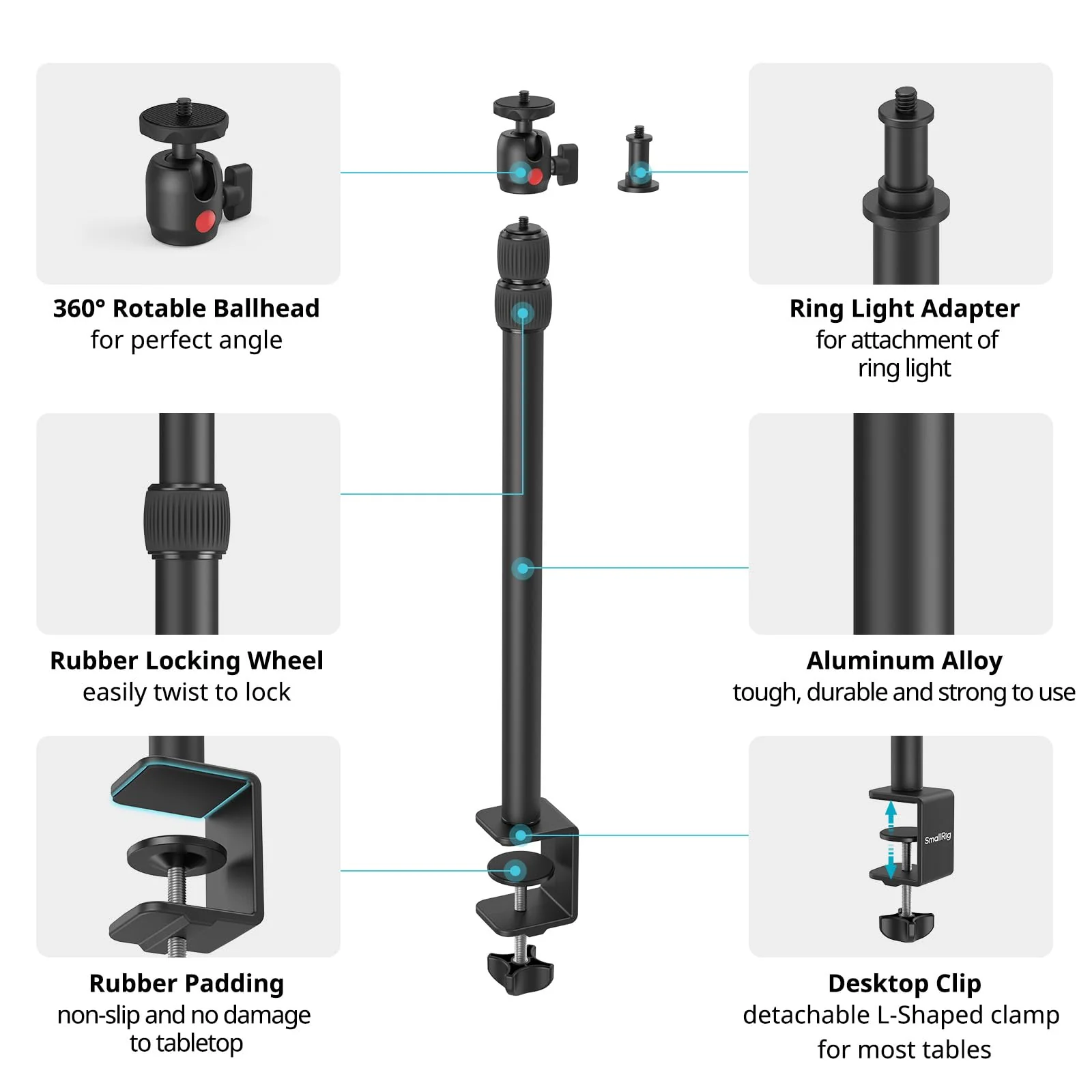 SMALLRIG Camera Desk Mount C Stand, 15"-35" Adjustable Desk Tripod Light Stand, Tabletop C Clamp for Webcam, DSLR Camera, Ring Light, Live Streaming, Photo Video Shooting Clamp 3488 - Image 7