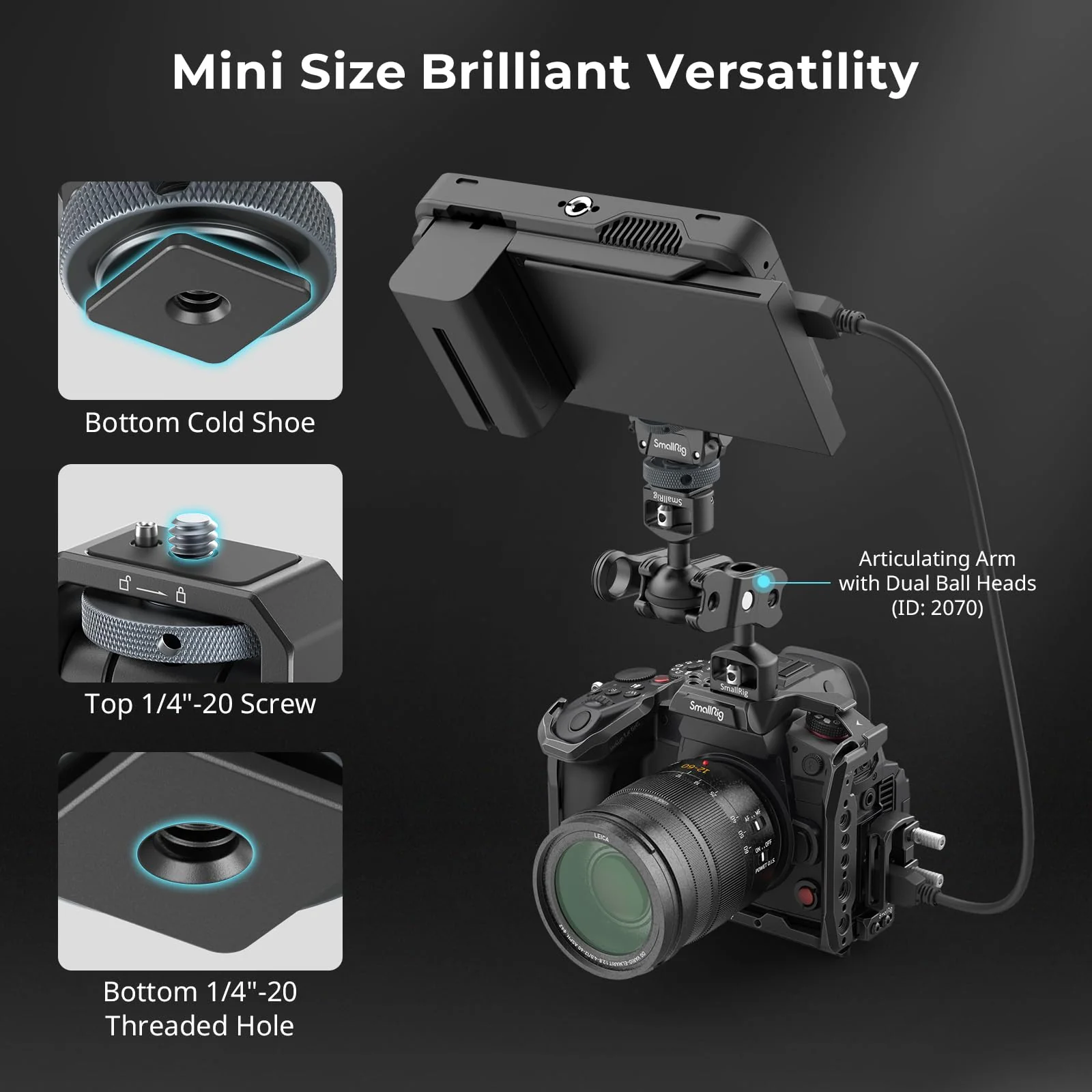 SmallRig Camera Monitor Mount Lite with Cold Shoe, Swivel 360° and Tilt 180° Holder for Field Monitor, LED, Flash and Video Shooting Photography Accessories, Max Load Capacity of 90° Tilt 3.2kg - Image 5