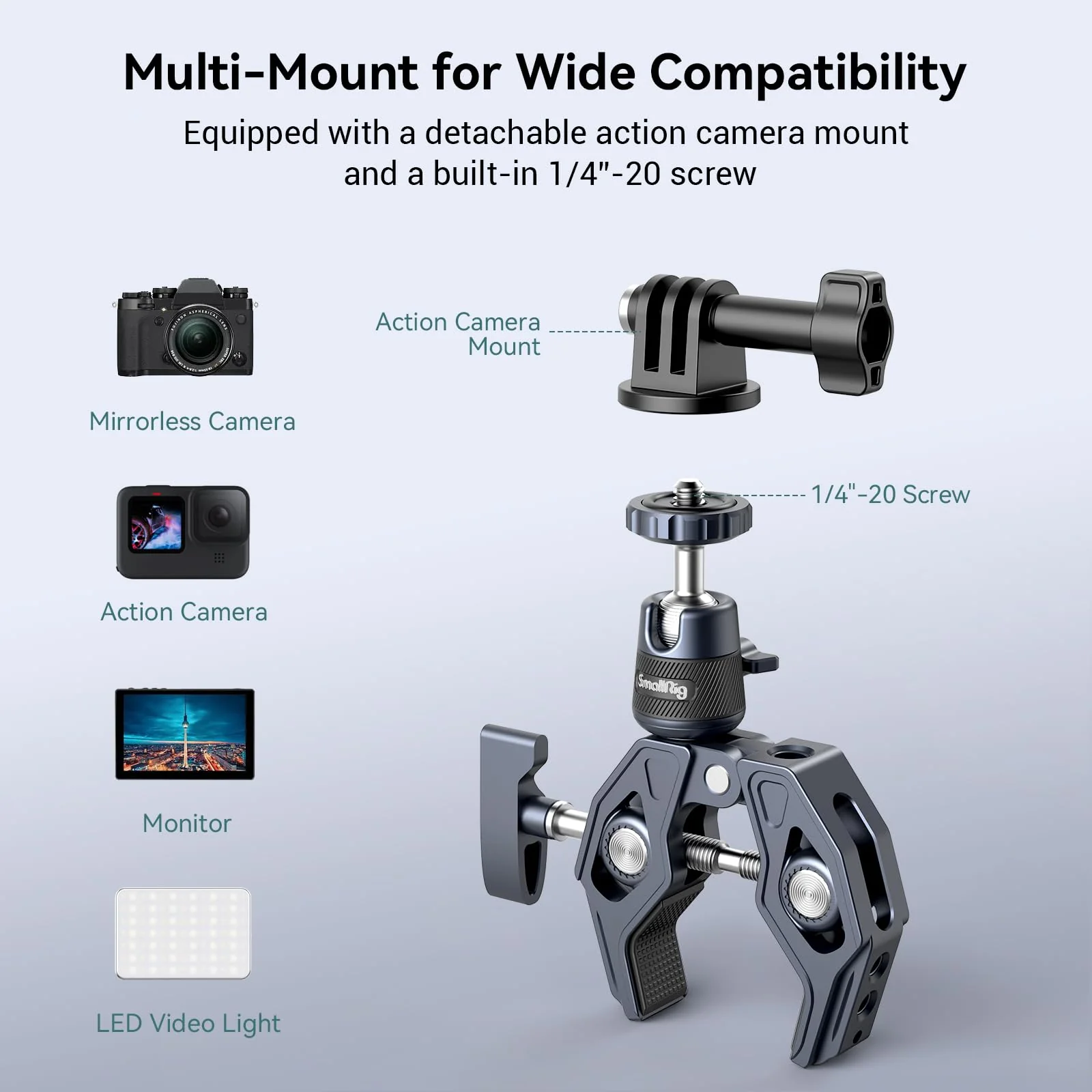 SMALLRIG Camera Mount Clamp, Gopro Motorcycle and Bike Handlebar Mount Kit, Super Clamp for DSLR, Action Camera, Gopro, Insta360, LED Light, Monitor, Max Load 3.5KG - Image 2