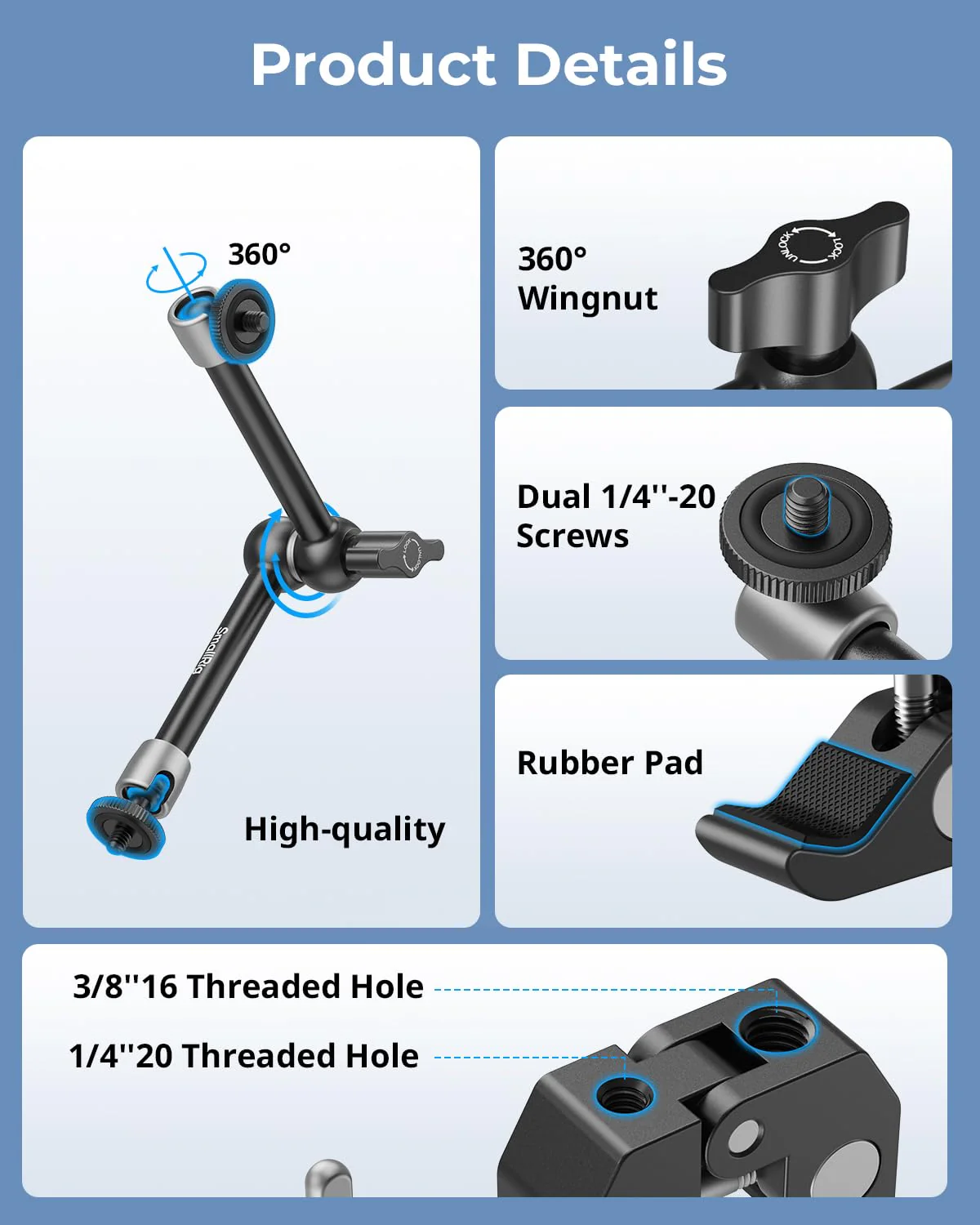 SmallRig Clamp w/ 1/4" and 3/8" Thread Holes, 9.8 Inches Adjustable Friction Power Articulating Magic Arm with Phone Holder for Action Cameras, Smartphones, LCD Monitor/LED Lights - 5326 9.8''+phone clamp - Image 2