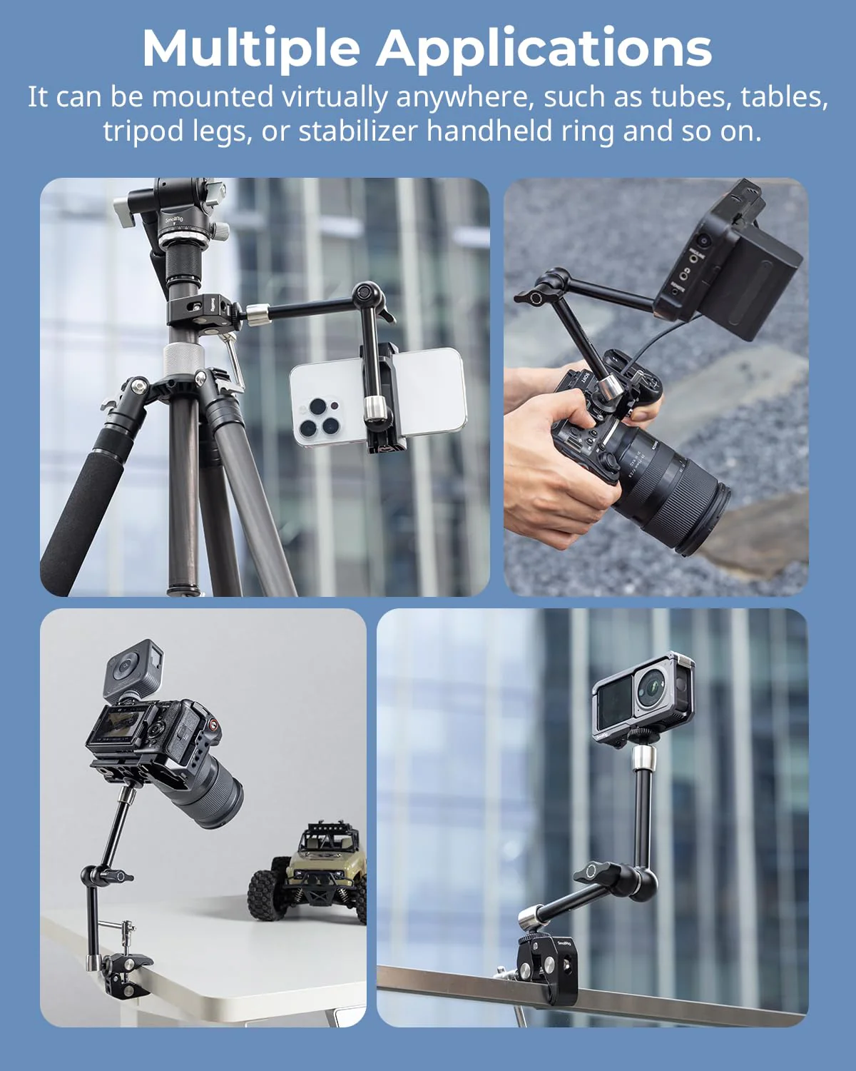 SmallRig Clamp w/ 1/4" and 3/8" Thread Holes, 9.8 Inches Adjustable Friction Power Articulating Magic Arm with Phone Holder for Action Cameras, Smartphones, LCD Monitor/LED Lights - 5326 9.8''+phone clamp - Image 6