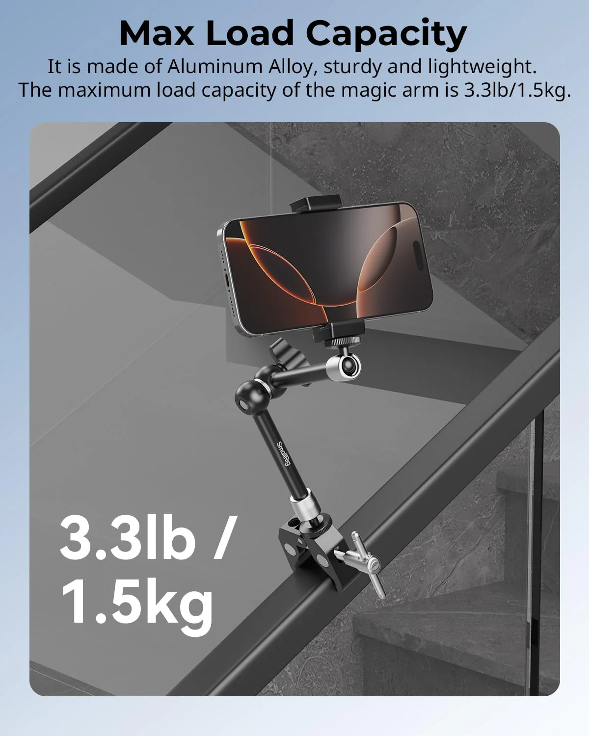 SmallRig Clamp w/ 1/4" and 3/8" Thread Holes, 9.8 Inches Adjustable Friction Power Articulating Magic Arm with Phone Holder for Action Cameras, Smartphones, LCD Monitor/LED Lights - 5326 9.8''+phone clamp - Image 7