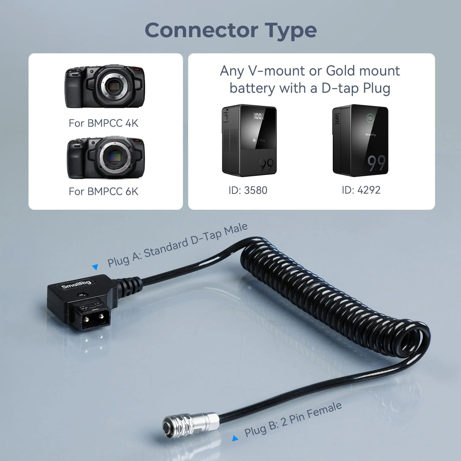 SMALLRIG D-TAP to BMPCC 4K/6K Coiled Power Cable Suitable for Blackmagic Pocket Cinema Camera 4K / 6K for V Mount Gold Mount Battery, Weipu SF6 2 Pin Female to P Tap, 15 inch - 47 inch Length - 4761 - Image 6